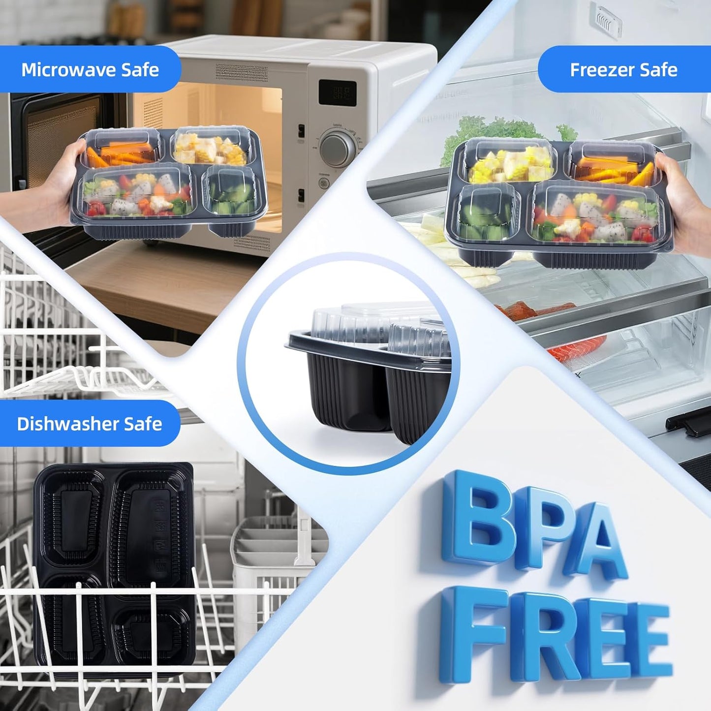 YANGRUI Meal Prep Container with Lid 40 Pack 34 oz - Reusable 4 Compartment Quad Seal Leak Defense Food Containers | BPA Free Flexible PP Plastic | Shrink Wrap Microwave & Dishwasher Safe Takeout Box