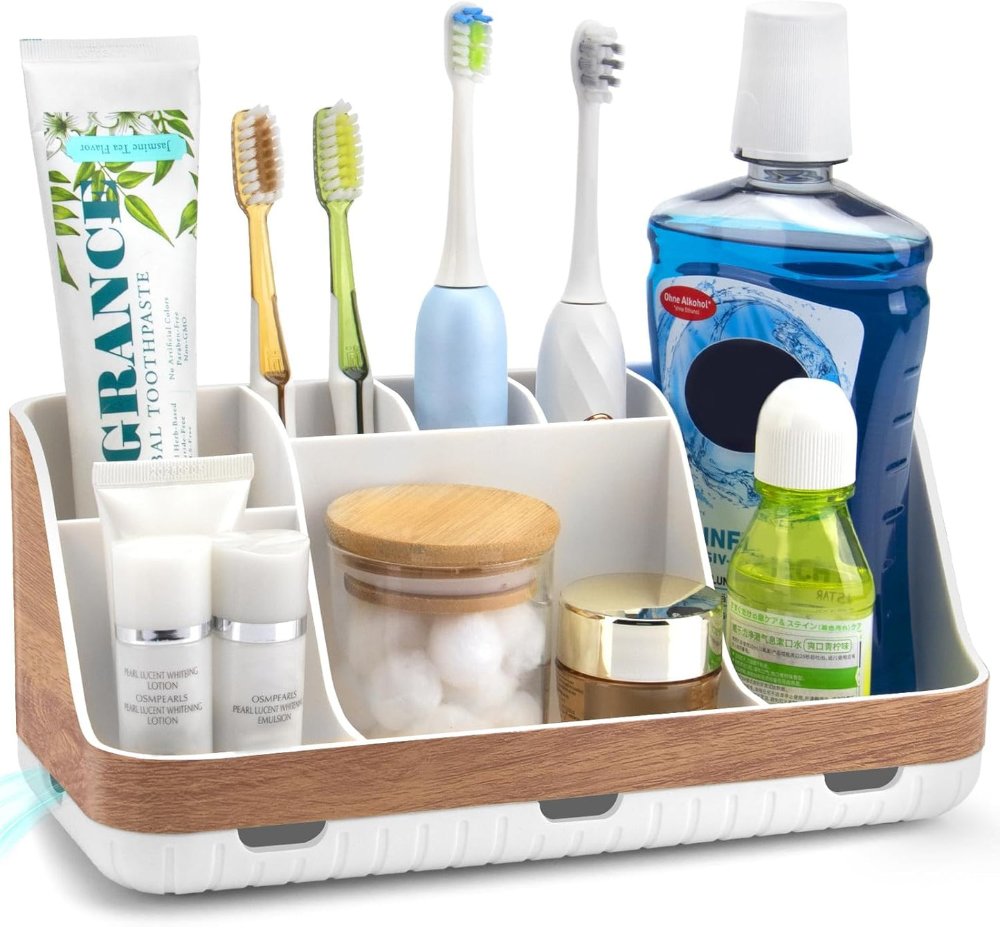 Bathroom Countertop Organizer - Detachable 7 Slots Kids Electric Toothbrush and Toothpaste Holde Drainage for Bathroom Accessories Organization Counter Vanity Storage, Woodgrain