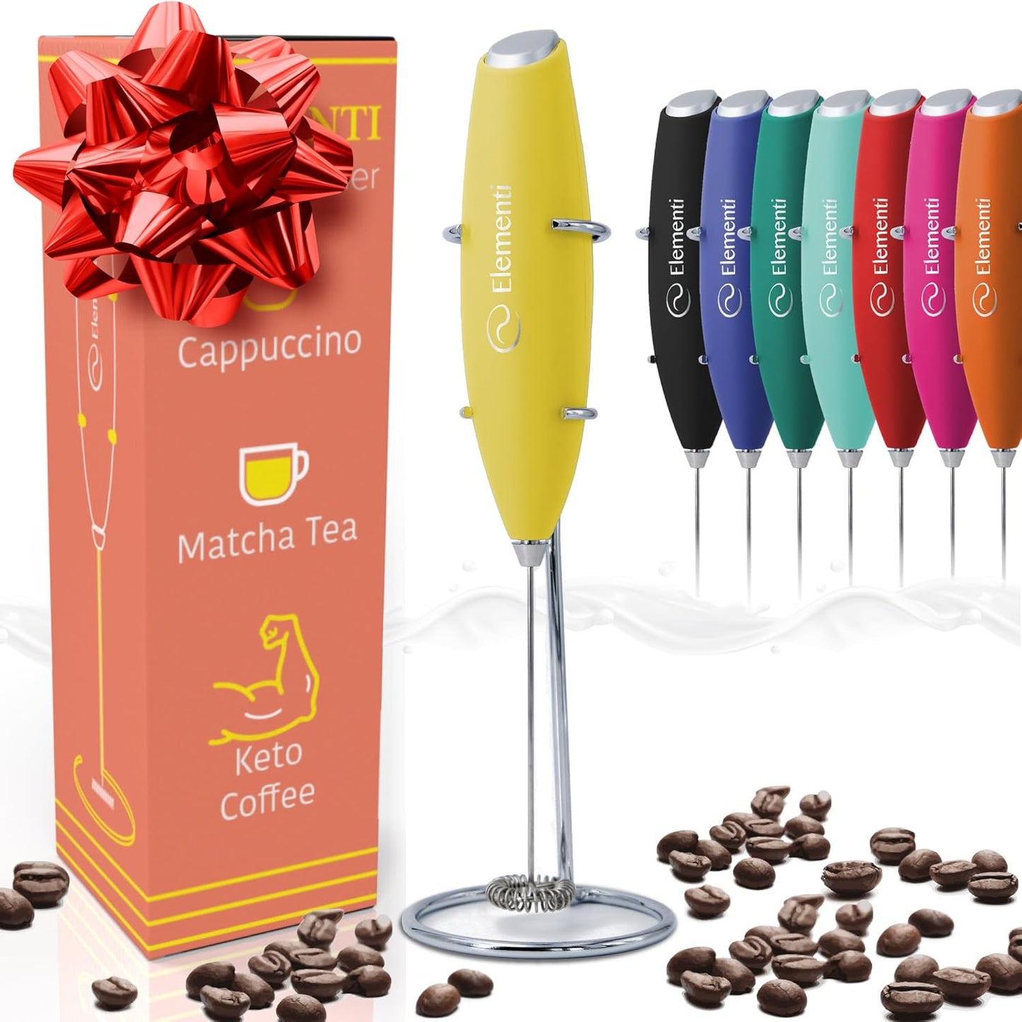 Elementi Milk Frother Handheld - Electric Coffee Mixer for Lattes, Cappuccinos and Cold Foam - Compact Drink Frother Wand for Barista-Style Beverages (Yellow)