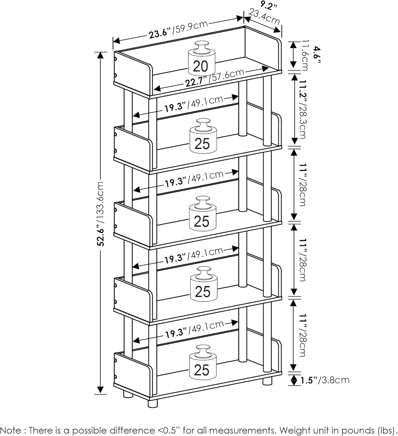 Furinno TURN-N-TUBE 5-Tier Display Shelf, Storage Shelves, Book Shelf, Open Shelves with Rounded Corner Top Edges, for Organization and Storage, Living Room, Home Office, Amber Pine