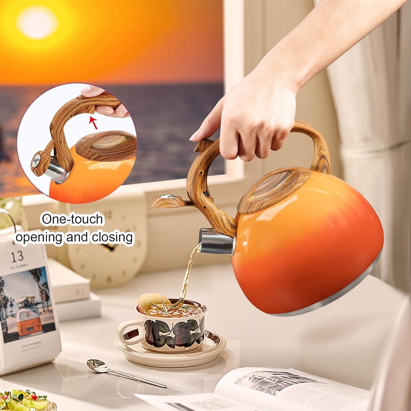 GGC Tea Kettle for Stove Top, 3.1QT/3L Whistling Tea Kettles for Boiling Water, Coffee or Milk, Red Sunset Tea Pot with Wood Pattern Handle, Stainless Steel Tea Pot for Home and Kitchen