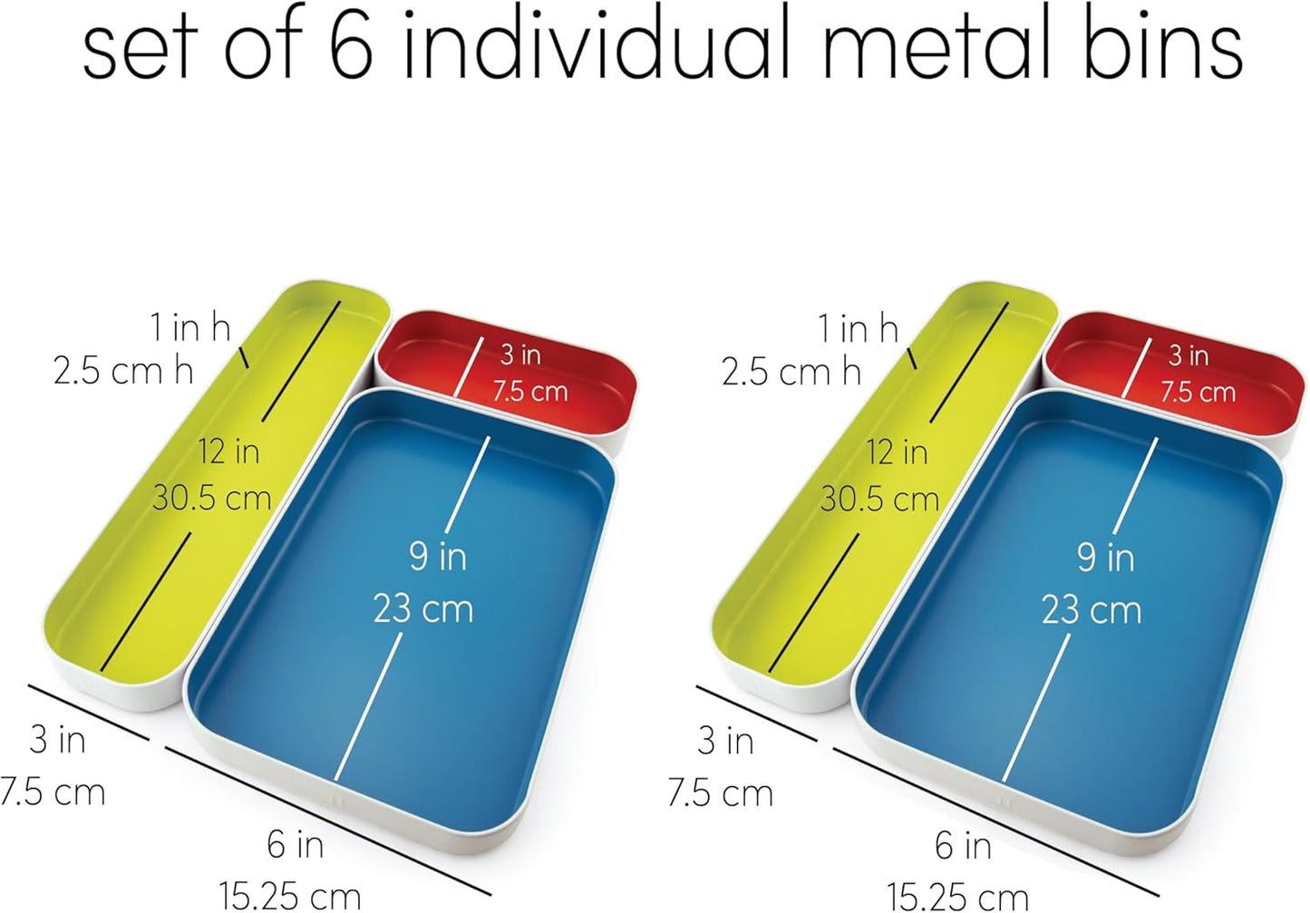 Three by Three Seattle 6 Piece Shallow Metal Organizer Tray Set for Storing Makeup, Stationery, Utensils, and More in Office Desk, Kitchen and Bathroom Drawers (1 Inch, Multicolor)