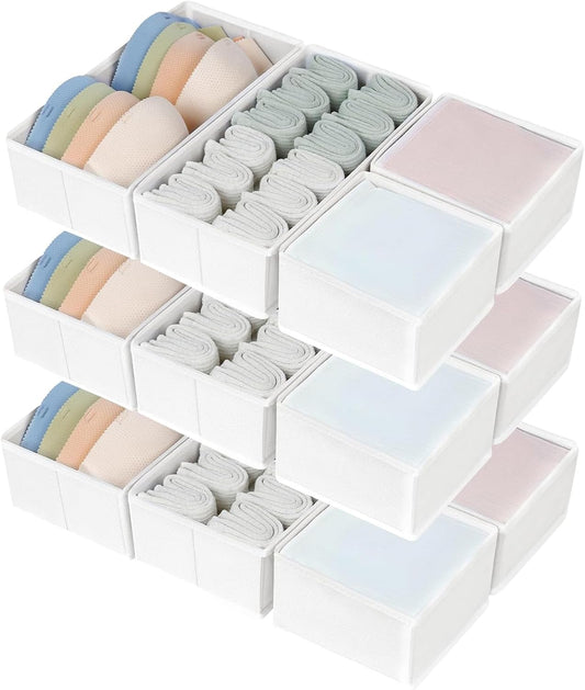 DIMJ Drawer Organizers Clothes, Set of 12 Dresser Organizer Bins, Fabric Closet Organizers and Storage, Shallow Drawer Dividers for Nursery, Clothing, Baby Clothes, Socks, Underwears, Tie (White)