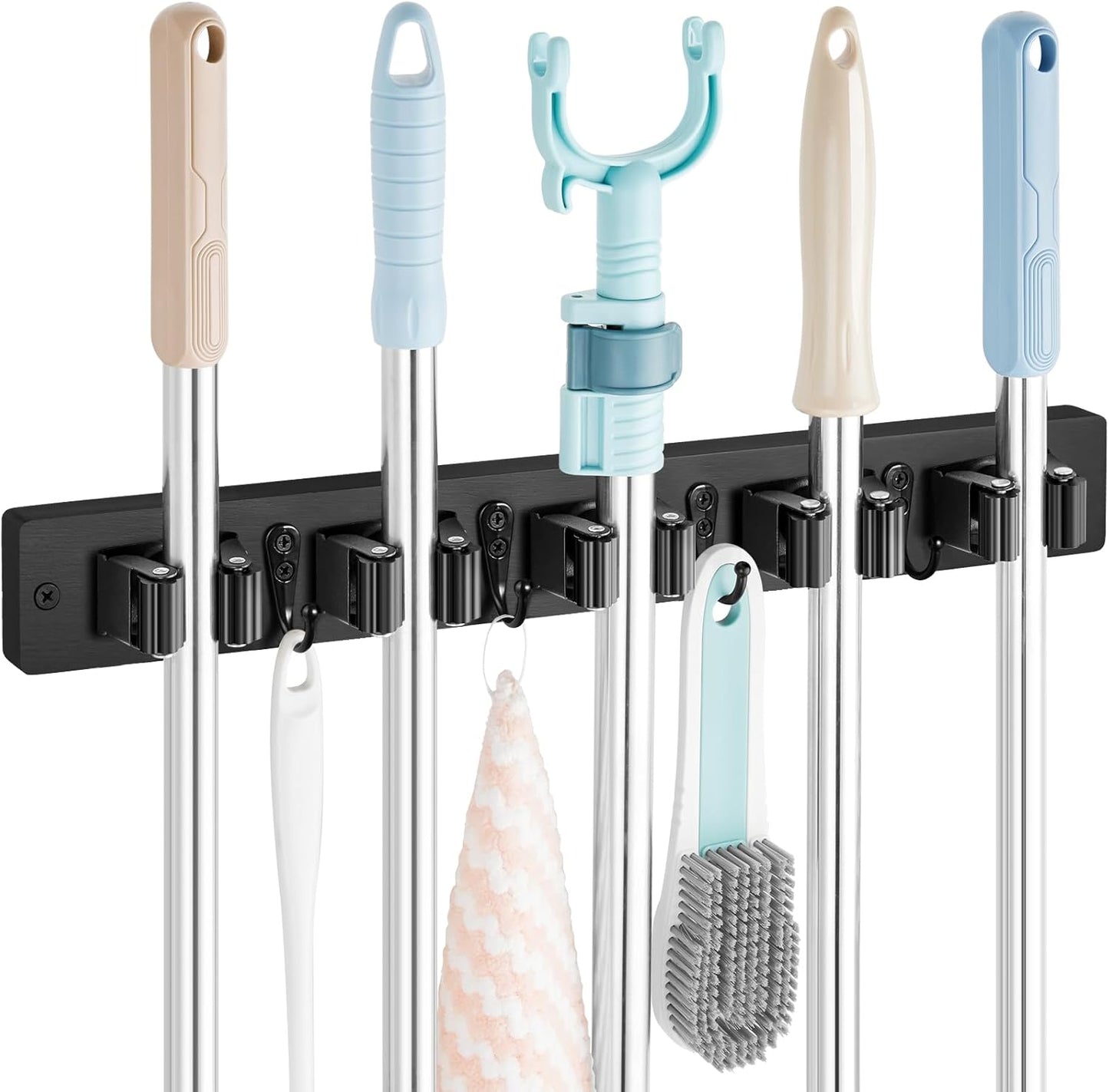 Mop and Broom Holder Wall Mount - Black Broom Mop Hanger - Wall Mounted Garden Tool Rack Organizer for Closet Garage Laundry Room Kitchen Decor With 5 Slots & 4 Hooks