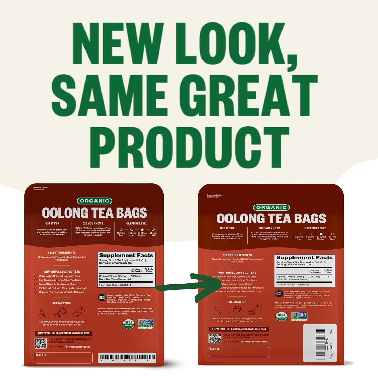 FGO Organic Oolong Tea, Eco-Conscious Tea Bags, 100 Count, Packaging May Vary (Pack of 1)