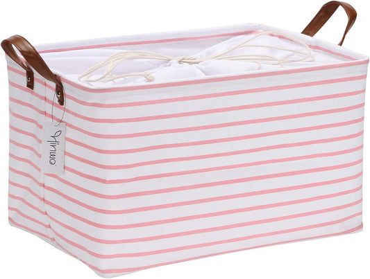 Hinwo 31L Large Storage Bins, Closet Organizers and Storage, Shelf Baskets, Foldable Clothes Storage Baskets with Handles, Containers for Clothing, Blanket, Towels, Toys, Bedding (Pink Stripe)