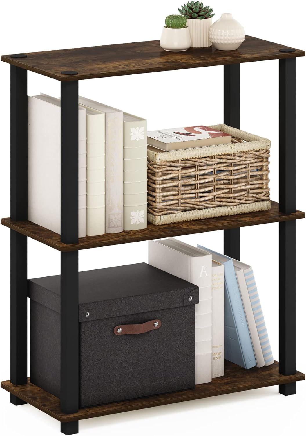 Furinno TURN-S-TUBE Storage Shelves, 3-Tier Book Shelf, Corner Shelf, Toolless Open Shelves, for Organization and Storage, Living Room, Garage, Home Office, Amber Pine