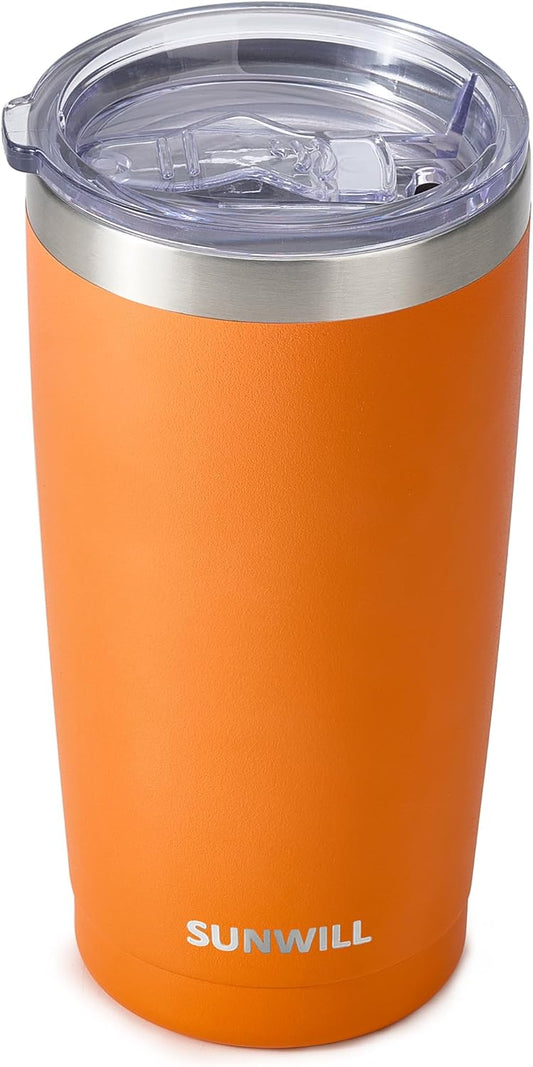 SUNWILL Travel Coffee Tumbler 20 oz, Insulated Mug with Lid, Stainless Steel Cup for Hot and Cold Drinks, Powder Coated Orange