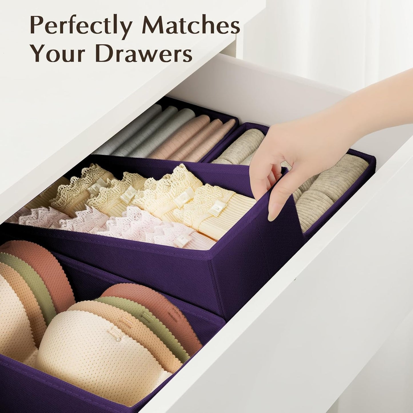 DIMJ Drawer Organizers Clothes, Set of 8 Dresser Organizer Bins, Fabric Closet Organizers and Storage, Shallow Drawer Dividers for Nursery, Clothing, Baby Clothes, Socks, Underwears, Tie (Purple)