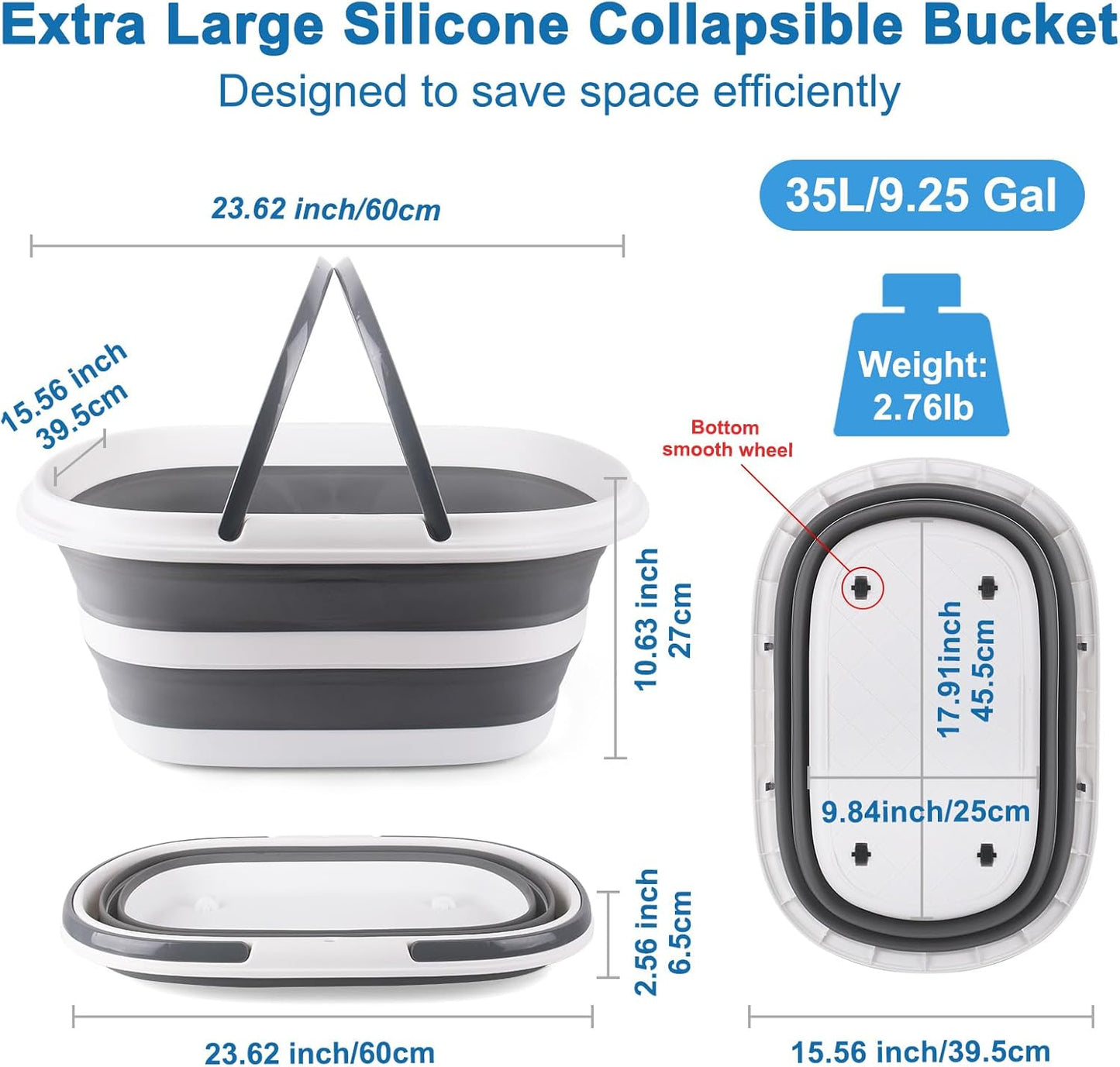 Extra Large Collapsible Bucket 35L Mop Bucket With Handles & Wheels, Plastic Wash Basin Pet Bath Tub for Puppy Dogs Cats, Folding Laundry Basket Clothes Storage Organizer RV Outdoor Camping Essentials