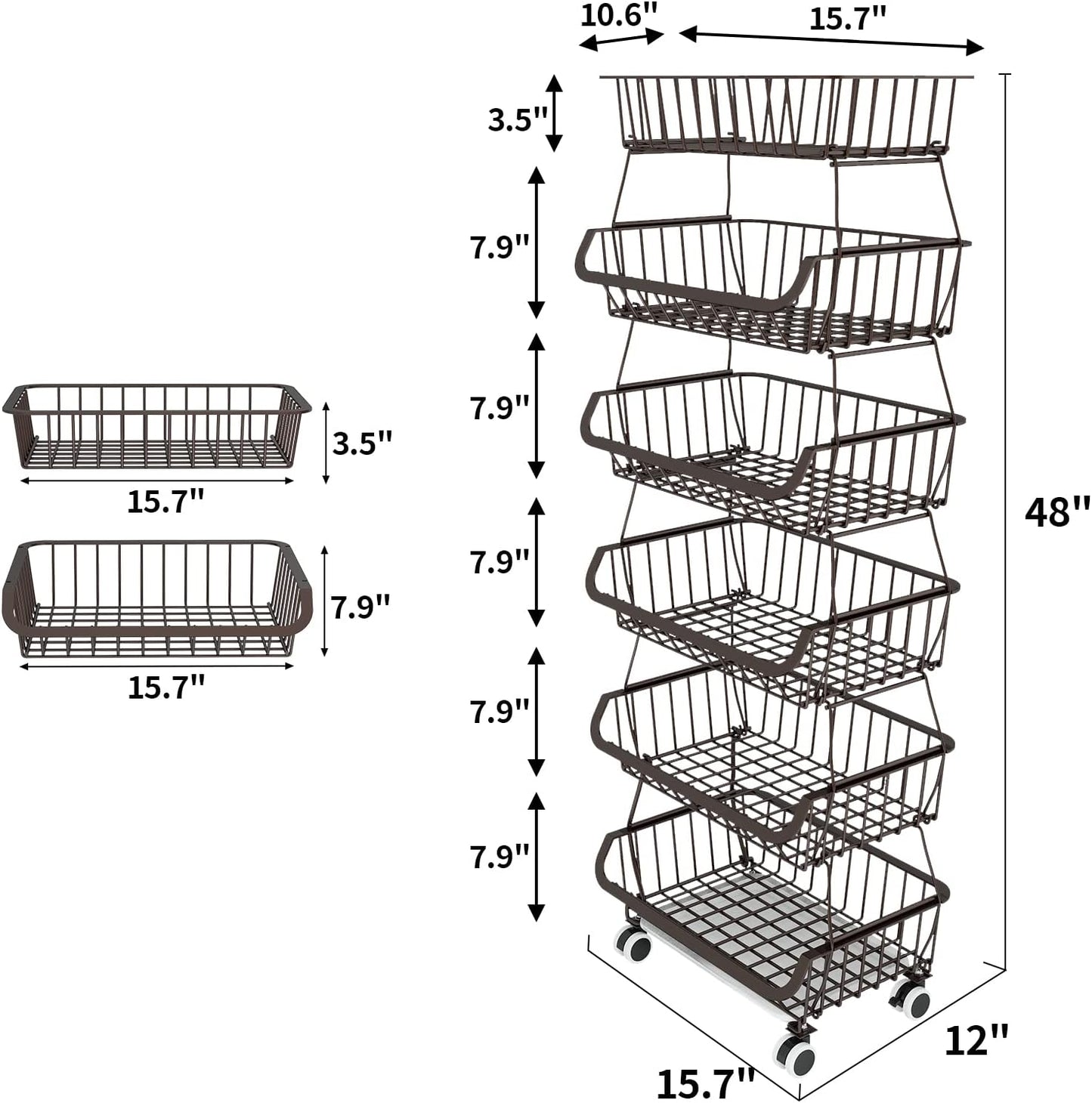 Miyawell Fruit Vegetable Storage Basket for Kitchen - 6 Tier Stackable Metal Wire Baskets Cart with Rolling Wheels Utility Fruits Rack Produce Snack Organizer Bins for Pantry Bathroom Laundry Bronze