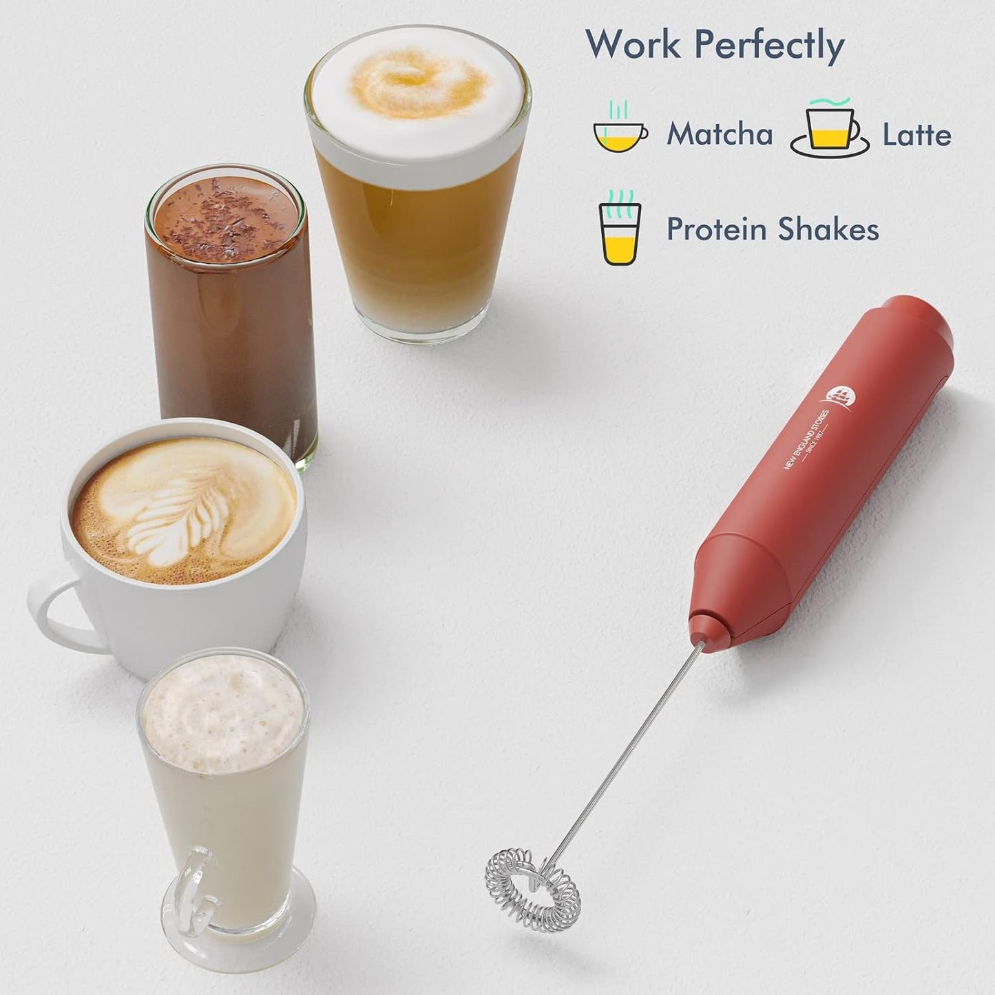 Powerful Milk Frother Handheld Foam Maker, Mini Whisk Drink Mixer for Coffee, Cappuccino, Latte, Matcha, Hot Chocolate, No Stand, Red