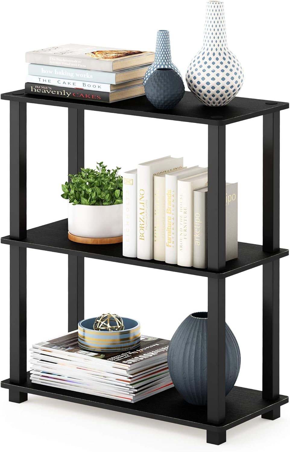 Furinno TURN-S-TUBE Storage Shelves, 3-Tier Book Shelf, Corner Shelf, Toolless Open Shelves, for Organization and Storage, Living Room, Garage, Home Office, Americano