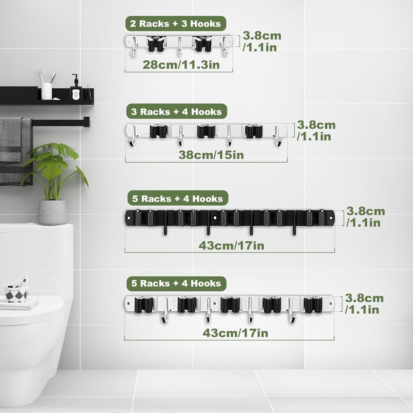 AceMining 2 Pack Black 5 Racks and 4 Hooks Mop and Broom Holder Wall Mount, Broom Organizer Storage Tool Racks Stainless Steel Heavy Duty Hooks Self Adhesive Solid Non-slip for Home Kitchen Garden