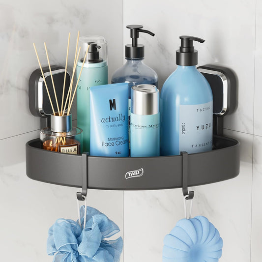 TAILI Corner Shower Caddy with Suction Cup Hooks, Aluminum Corner Shelf Basket， Wall Mounted Organizer Rack for Shampoo, No-Drilling Rustproof for Kitchen and Bathroom