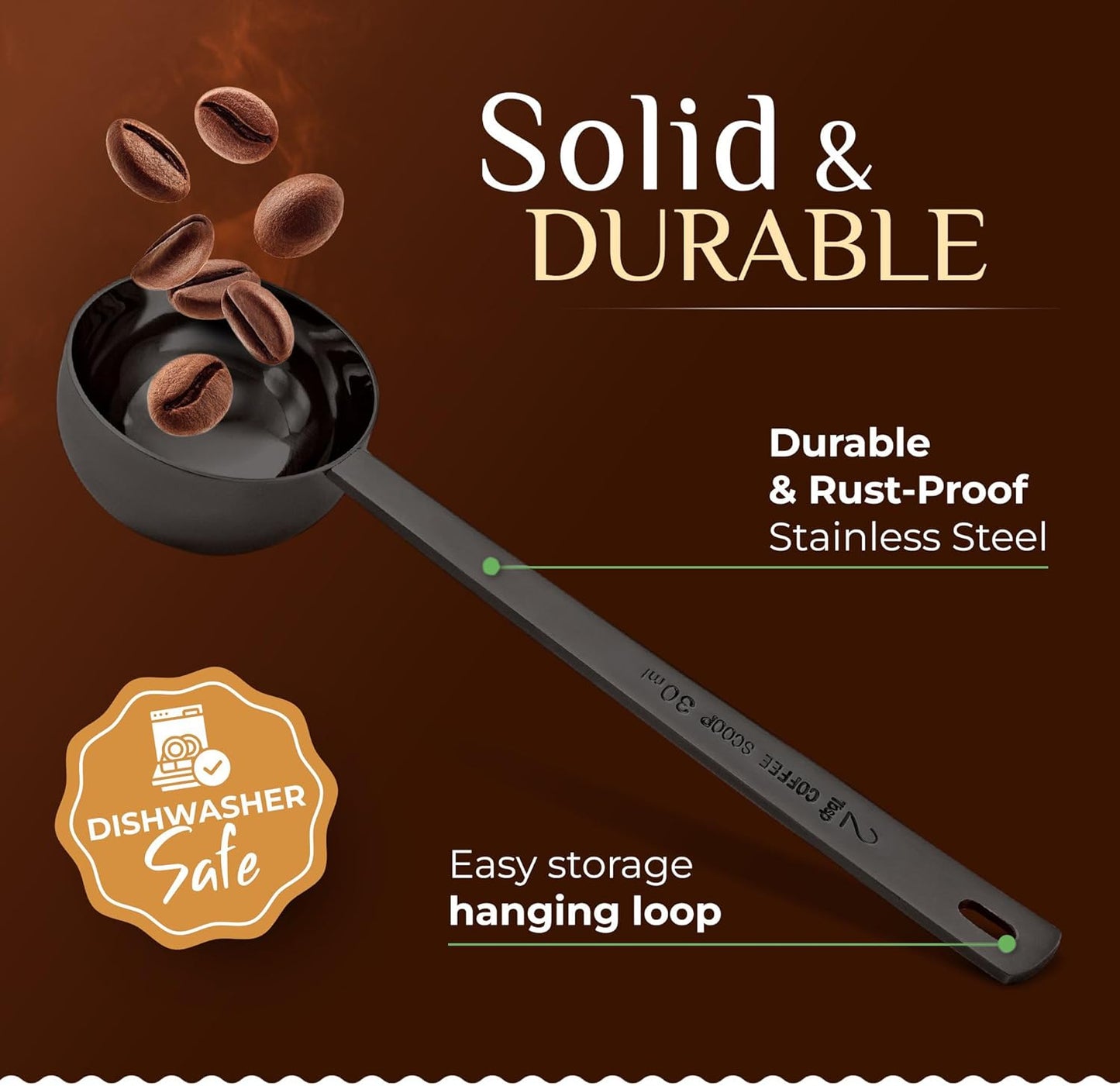 Orblue Premium Coffee Scoop Set - 1 Tbsp (15ml) & 2 Tbsp (30ml) Measuring Tablespoon - Stainless Steel Coffee Measuring Spoon and Scooper with Long Handles - Pack of 2 Black
