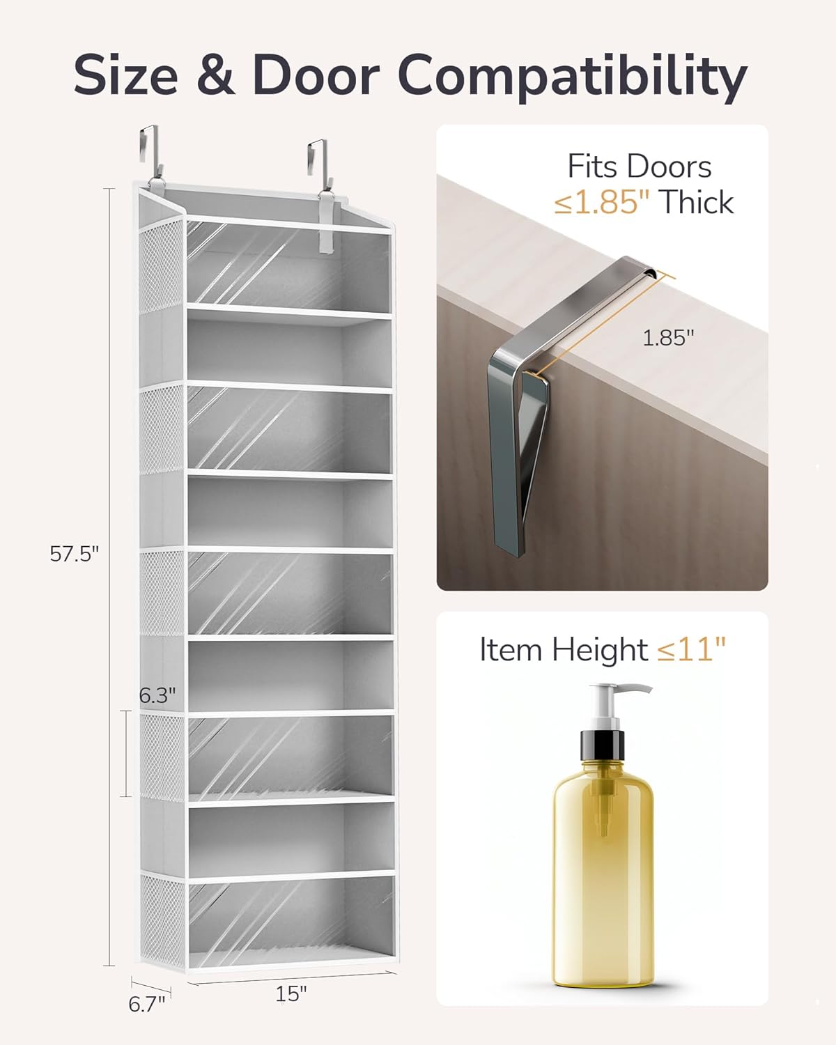 ULG 1-Pack Over Door Organizer with 5 Large Pockets 10 Mesh Side Pockets, 44 lbs Weight Capacity Hanging Storage Organizer with Clear Window for Bedroom Bathroom Kitchen, RV, Camper, Clear Grey