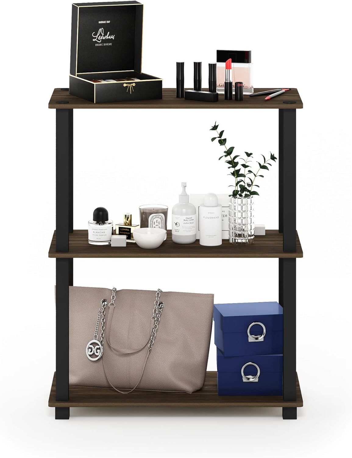 Furinno TURN-S-TUBE Storage Shelves, 3-Tier Book Shelf, Corner Shelf, Toolless Open Shelves, for Organization and Storage, Living Room, Garage, Home Office, Columbia Walnut