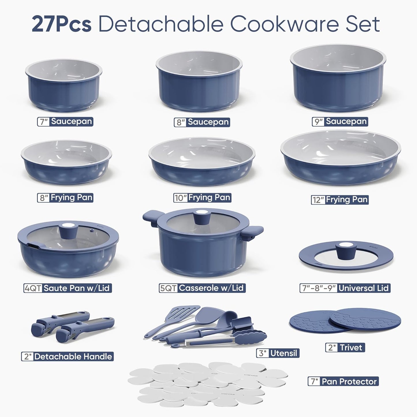 CAROTE 27pcs Ceramic Cookware Set Nonstick, Pots and Pans Set Non stick, Non Toxic Cookware, Dishwasher/Oven Safe, RV/Camping Cookware Set, Pan and Pot with Kitchen Utensils, Navy Blue