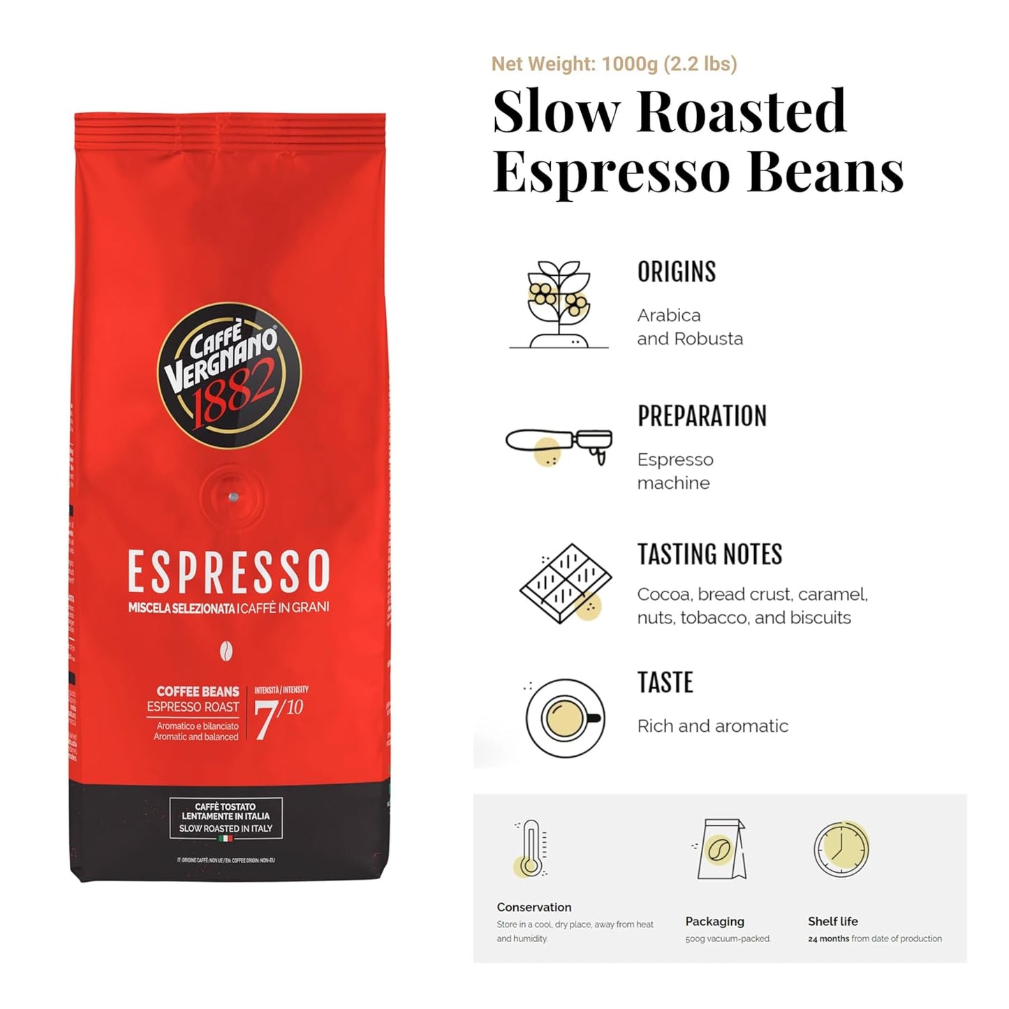 Caffe Vergnano 1882 Espresso Whole Bean Arabica Roast Coffee, 2.2 lb bag - Italian Medium Roast Coffee Beans with notes of Chocolate, Nuts & Caramel, Intensity 7/10-1000g Bag
