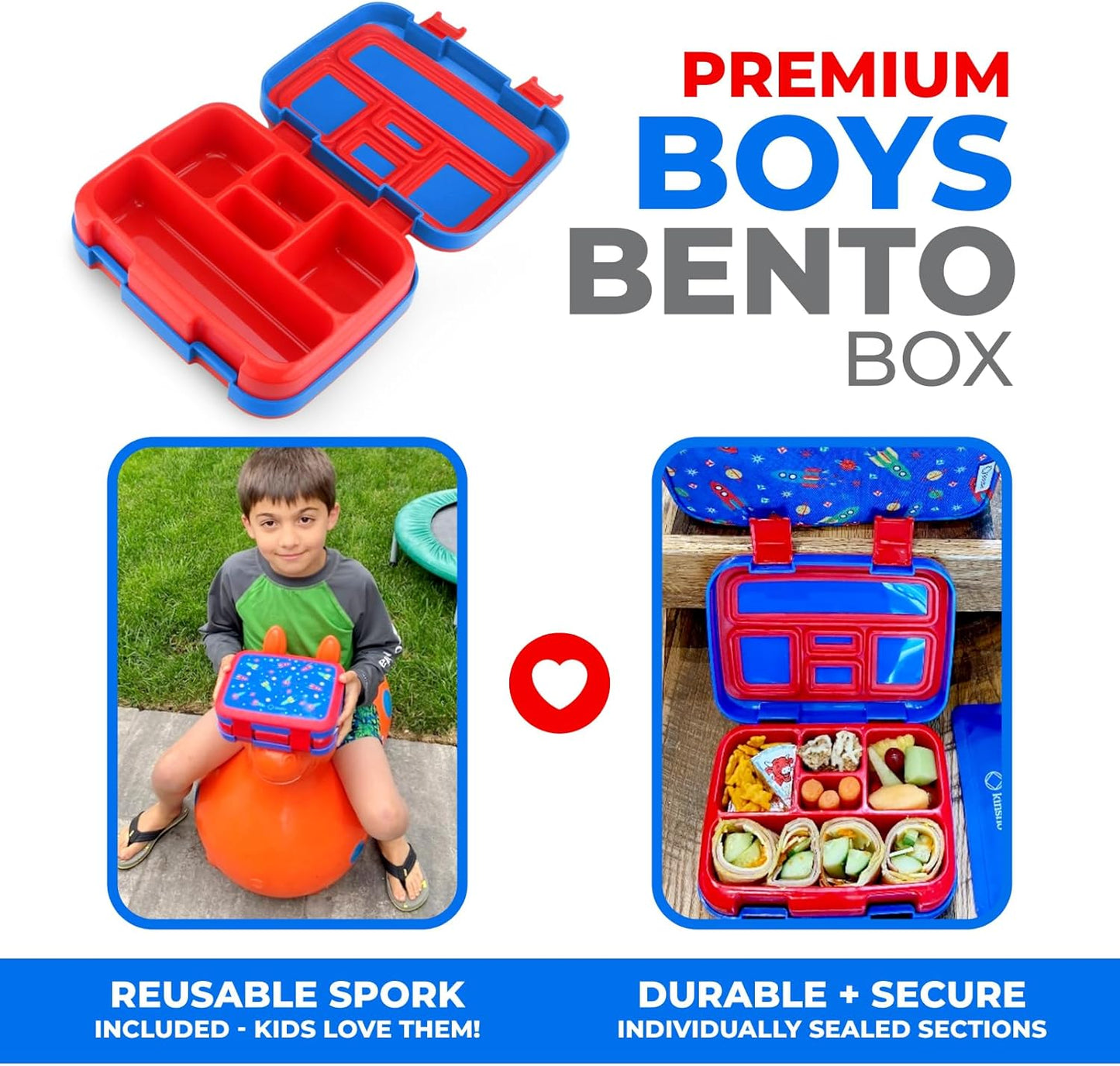 Kinsho Bento Lunch Box for Kids Toddlers, 5 Portion Control Sections, BPA Free Removable Plastic Tray, Pre-School Kid Toddler Daycare Lunches, Snack Container Ages 3 to 7 (Blue Space Rockets)