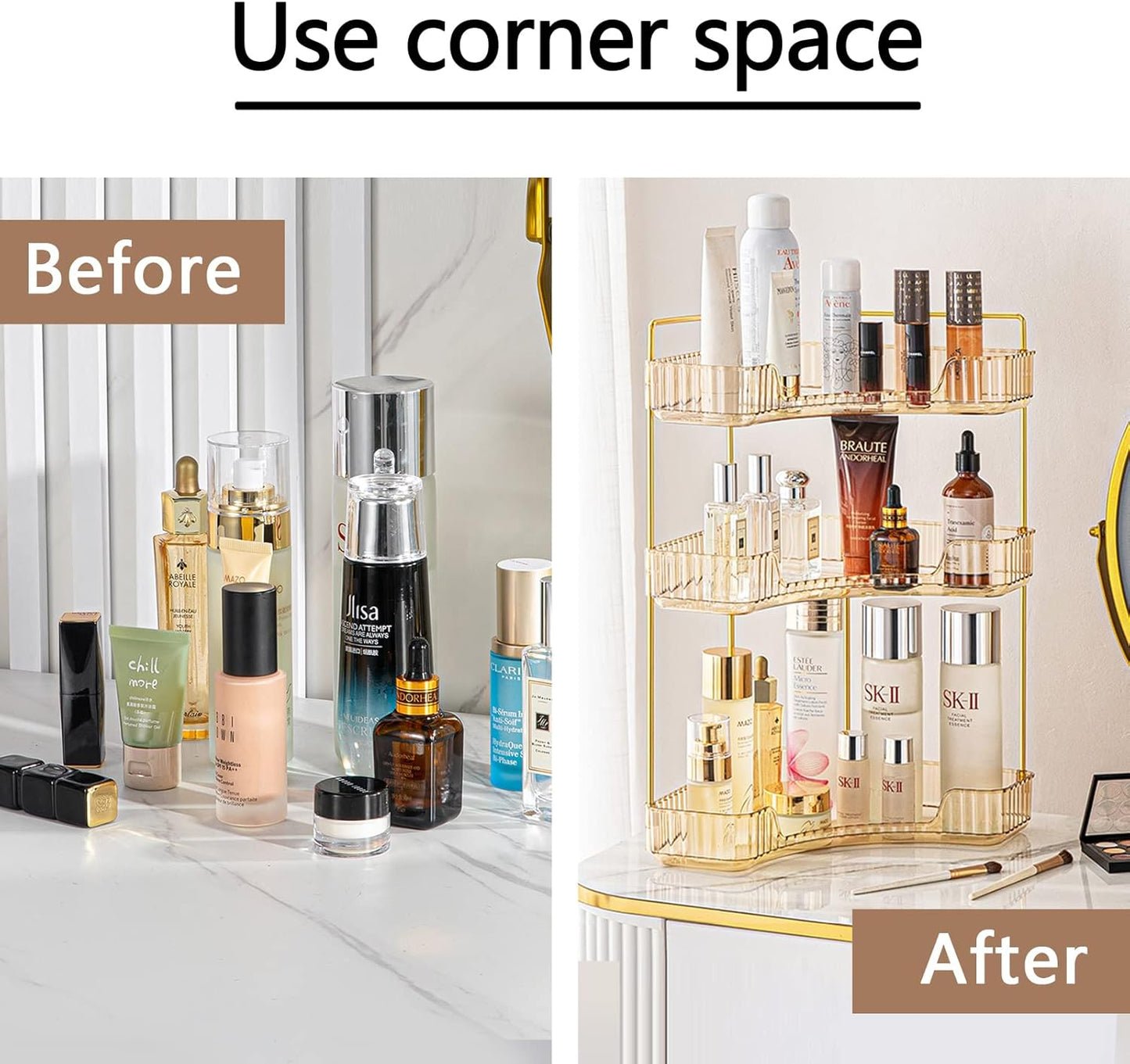3-Tier Corner Bathroom Counter Organizer – Classic Storage Shelf for Makeup, Perfume & Toiletries, Space-Saving Countertop Tray Fits Bathroom, Dresser, Kitchen (Vintage Gold)