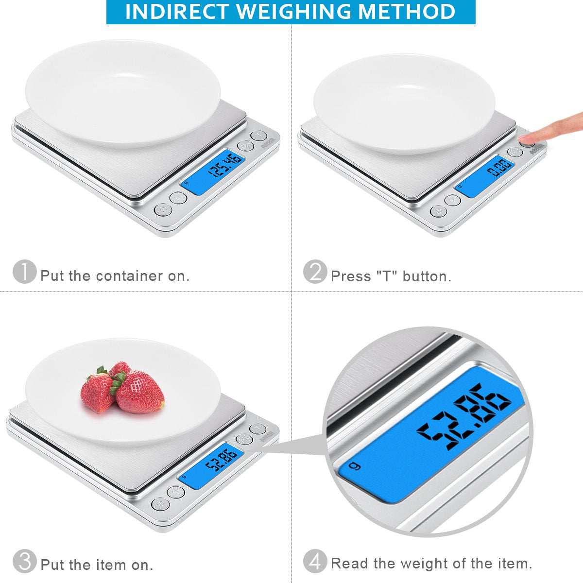 (Upgraded) AMIR Digital Kitchen Scale, 500g Mini Pocket Jewelry Scale, Food Scale, Coffee Scale, Back-Lit LCD Display, 2 Trays, 6 Units, Auto Off, Tare, PCS, Stainless Steel (Batteries Included)