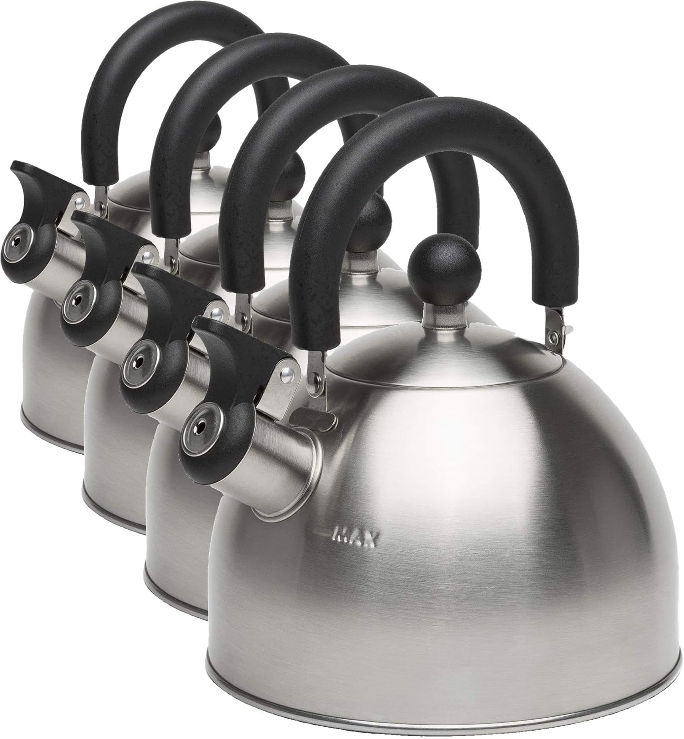 Primula Stewart Whistling Stovetop Tea Kettle Food Grade Stainless Steel, Hot Water Fast to Boil, Cool Touch Folding, 1.5-Quart, Brushed with Black Handle (Pack of 4)