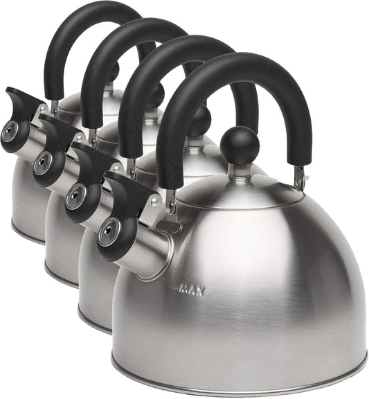 Primula Stewart Whistling Stovetop Tea Kettle Food Grade Stainless Steel, Hot Water Fast to Boil, Cool Touch Folding, 1.5-Quart, Brushed with Black Handle (Pack of 4)