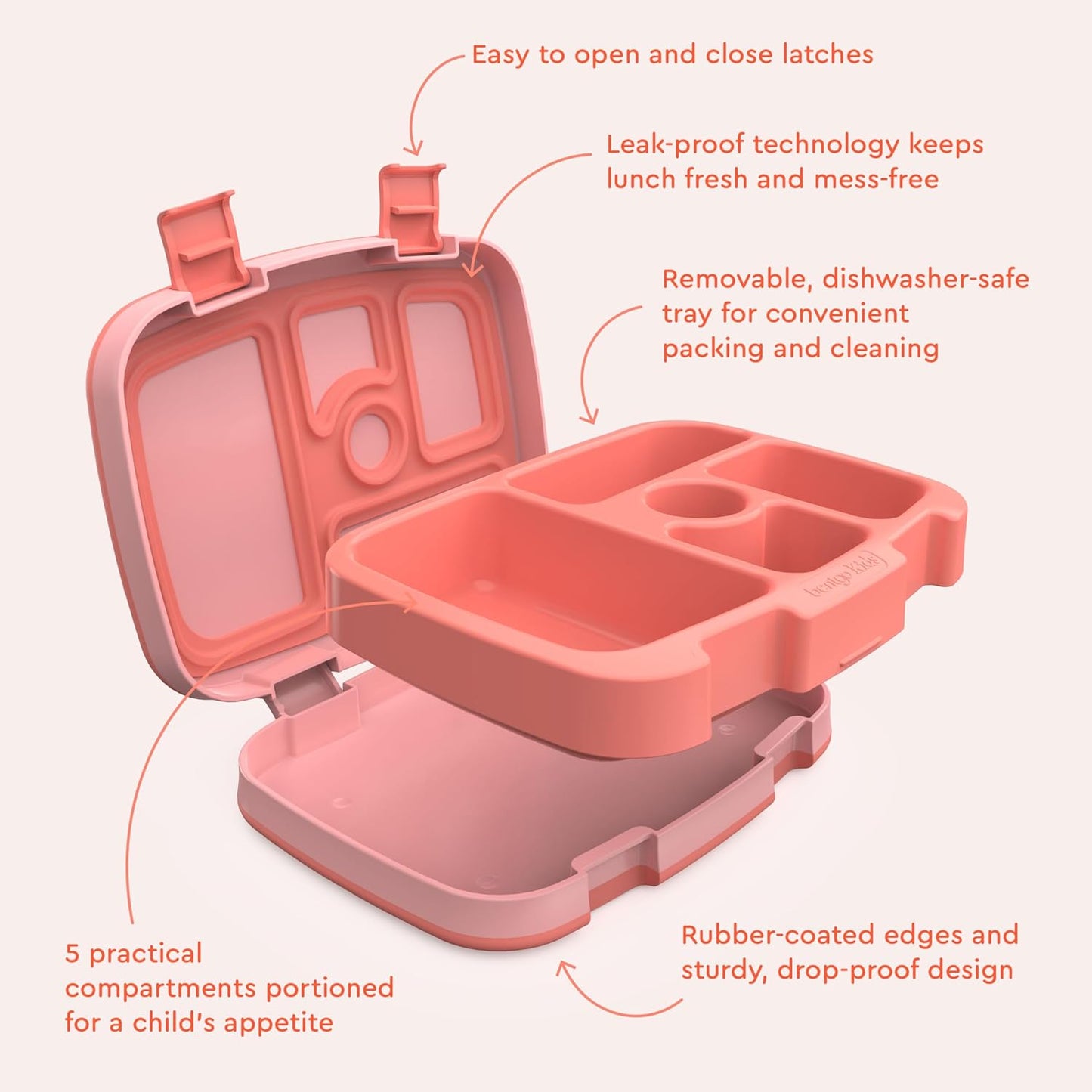 Bentgo Kids Bento-Style 5-Compartment Leak-Proof Lunch Box - Ideal Portion Sizes for Ages 3 to 7 - Durable, Drop-Proof, Dishwasher Safe, PFAS & BPA-Free & Made with Food-Safe Materials (Coral)