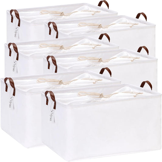 Hinwo 70L Extra Large Storage Bins, 6-Pack Closet Organizers and Storage, Foldable Clothes Storage Baskets with Handles, Containers for Clothing, Blanket, Comforters, Toys, Bedding (White)