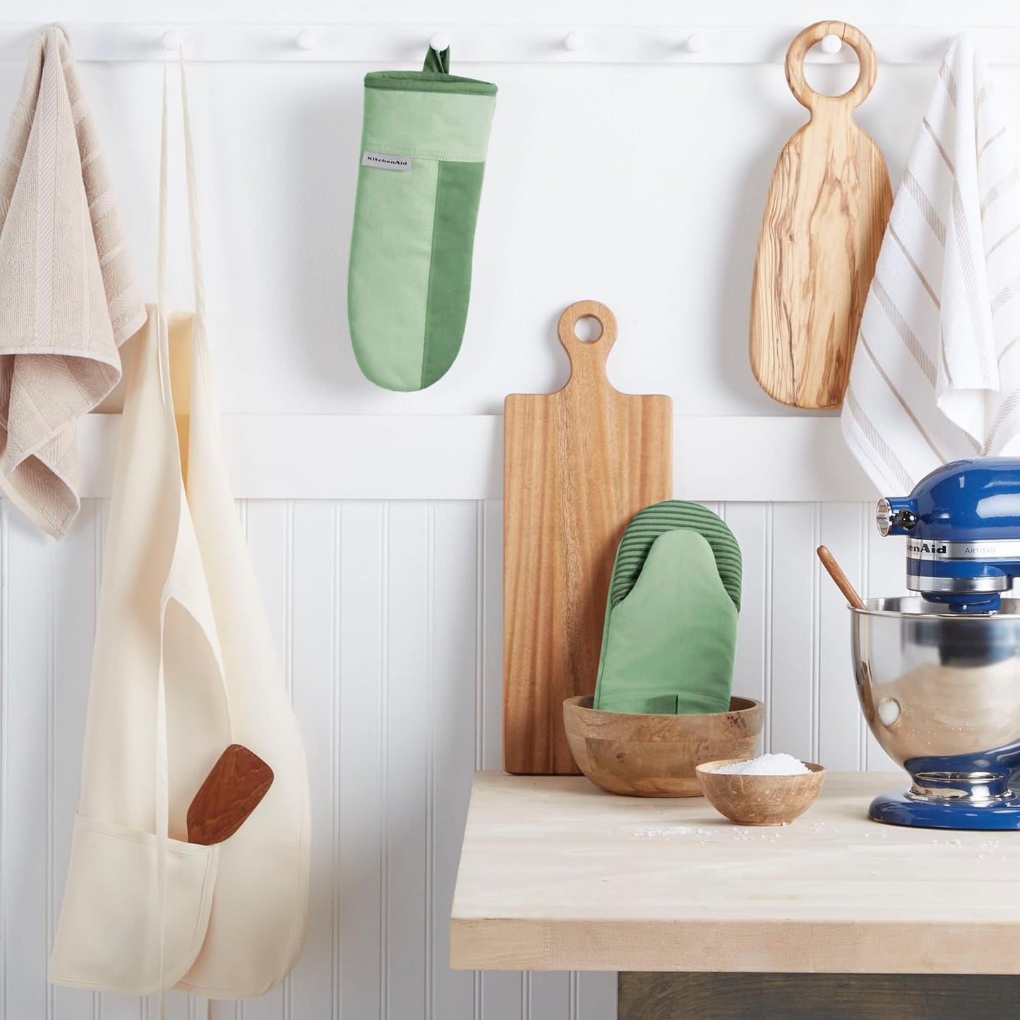 KitchenAid Beacon Two-Tone Non-Slip Oven Mitt Set, Pistachio/Graphite Green, 5.75"x13", 2 Piece