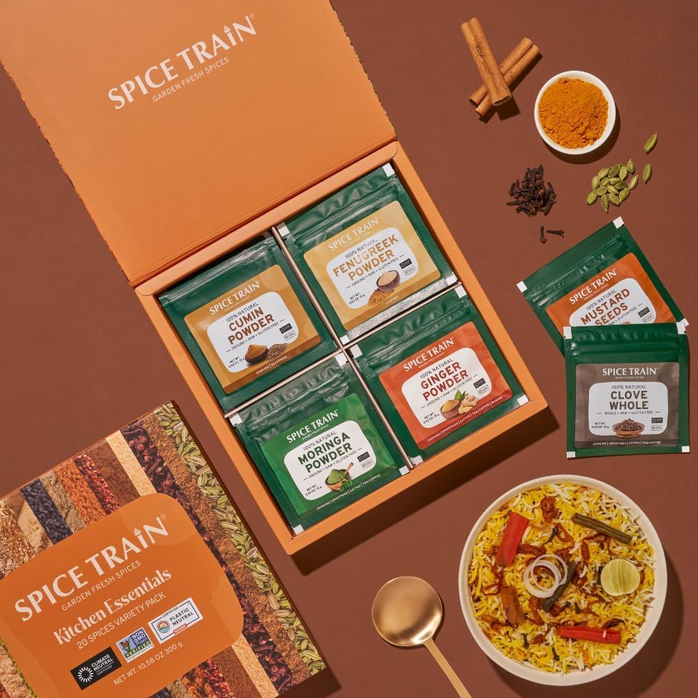SPICE TRAIN, Assorted Spice Set – 20 Exotic Spices | Gluten-Free, Non-GMO | Essential Cooking Gift Set from India