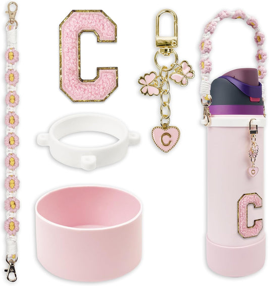 SITKOL Silicone Boot Cute Monogram Set Compatible with Owala Water Bottle 24 oz, 32 oz, 40 oz - Perfect Letter Owala Accessories for Owala Tumbler, Owala Free Sip, Pink Owala, Black Owala