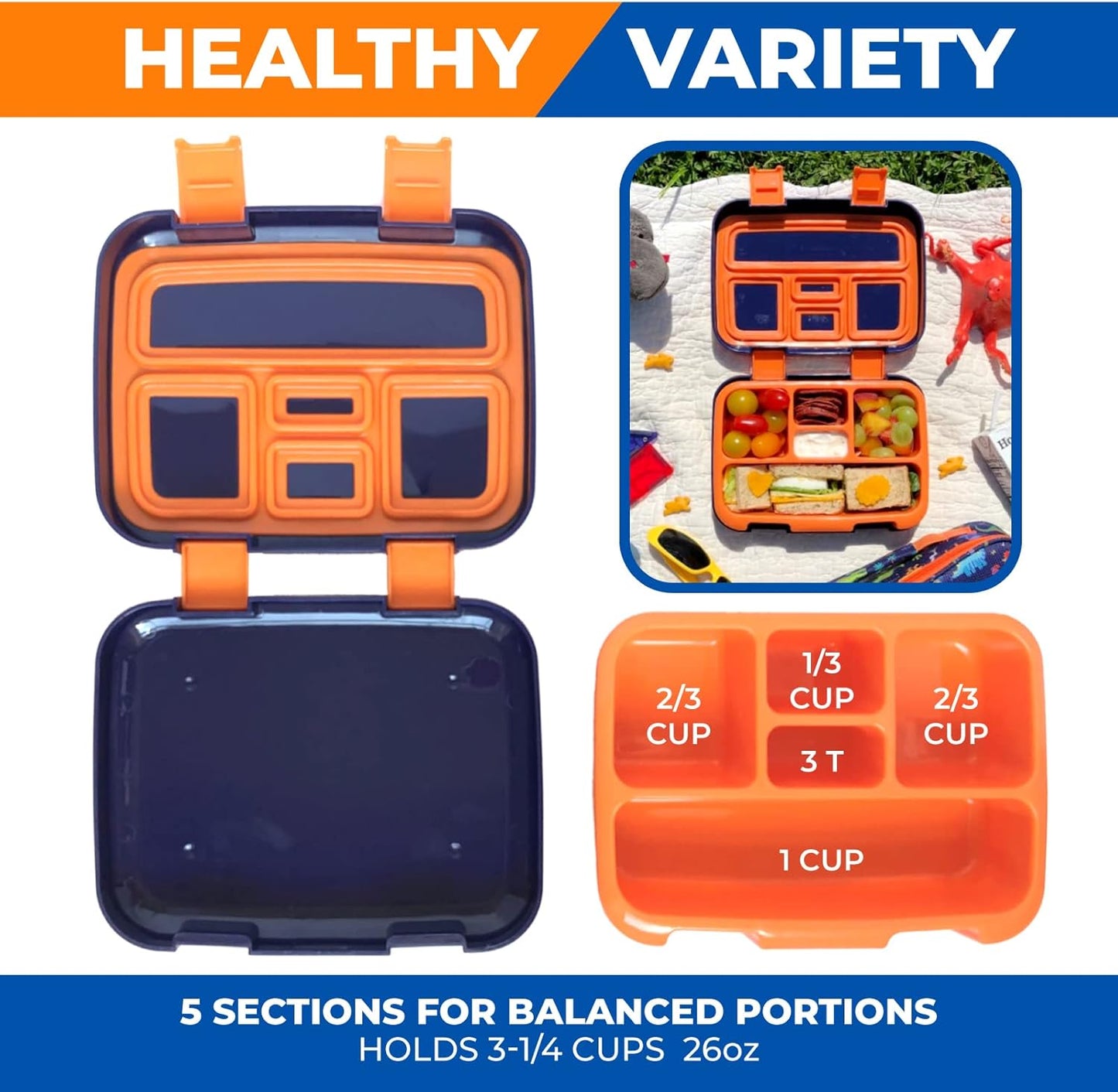 Dinosaur Bento Lunch Box for Boys Toddlers, 5 Portion Sections Secure Lid, Microwave Safe BPA Free Removable Plastic Tray, Pre-School Kid Daycare Lunches Snack Container Ages 3 to 7 Blue Orange