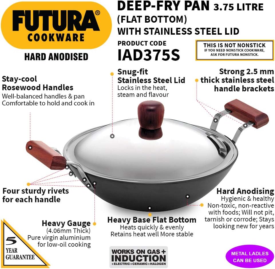 Hawkins Futura Hard Anodised Deep-Fry Pan 3.75 L, 30 cm, 4.06 mm with SS Lid and Induction Compatible Base (Black)