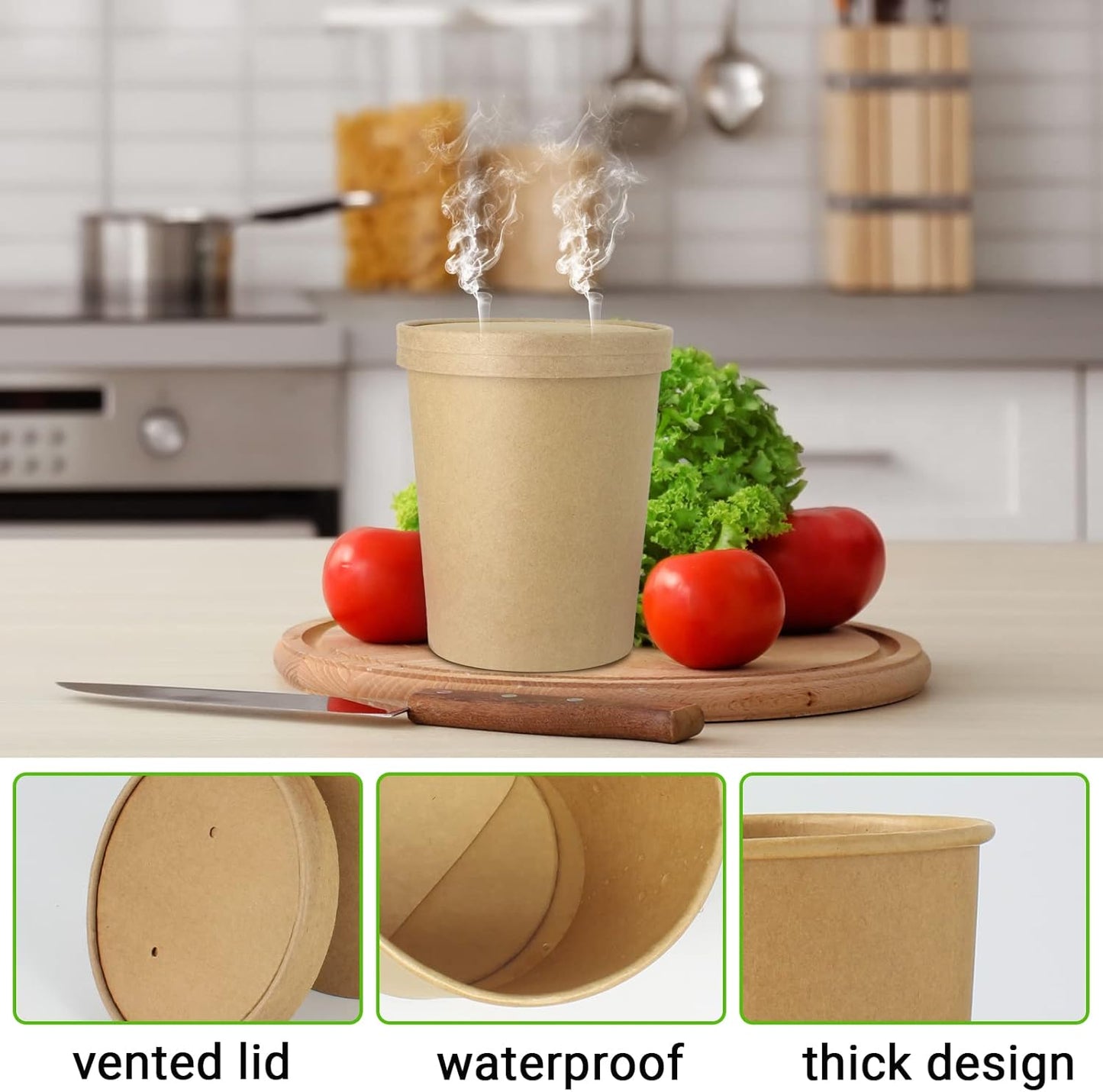 30 Sets 32 oz Paper Ice Cream Cups with Lids, Paper Food Containers With Vented Lids, To Go Hot Soup Bowls For Restaurants, Take Outs, or To-Go Lunch, Kraft