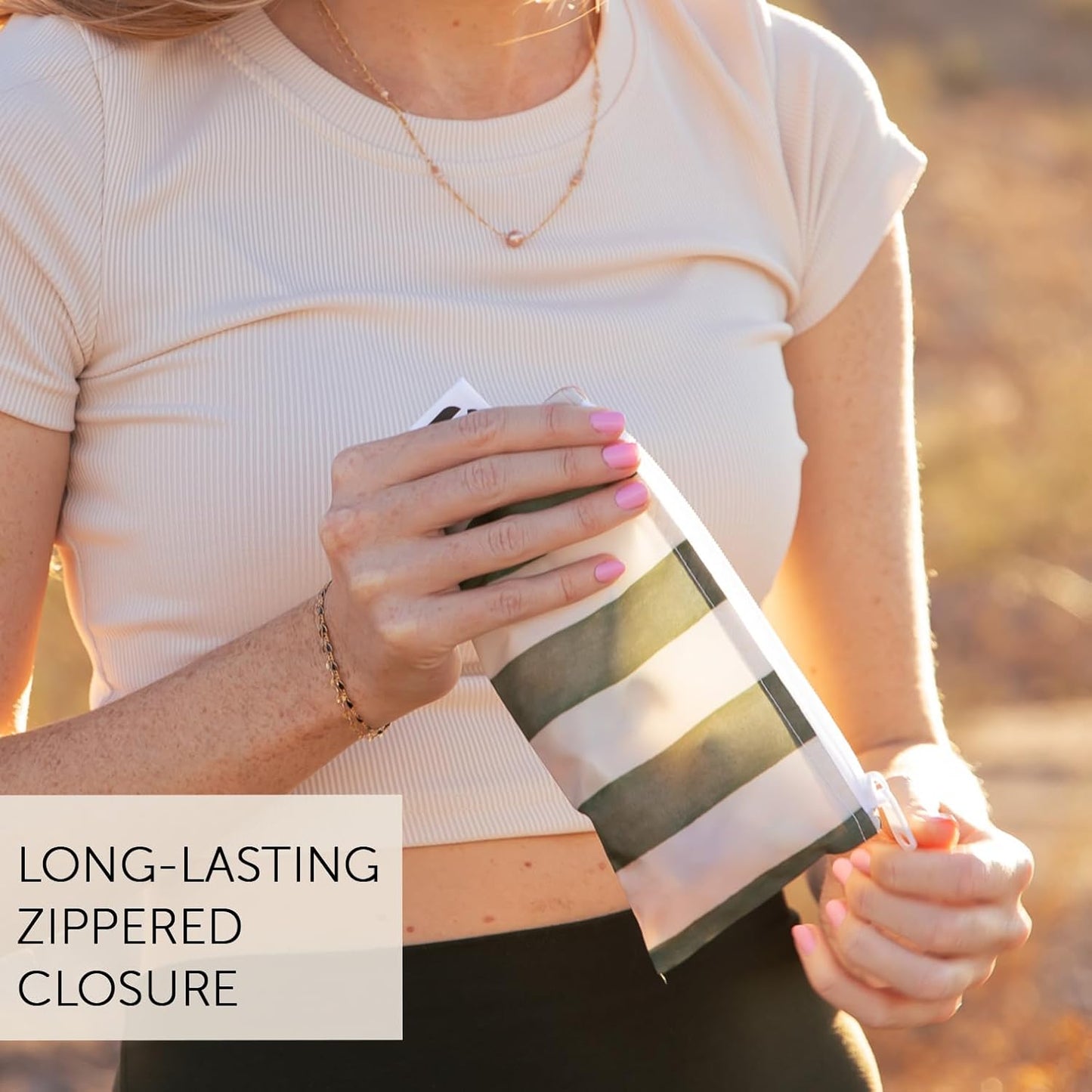 Roamio Reusable Snack Bags, for Kids School Lunch and for Adults Portion, Washable Fabric, Waterproof Cloth Zip Bag, Supplies Pack Travel Pouch, Food-Safe Storage, 2-pk Green Stripe and Multi Check