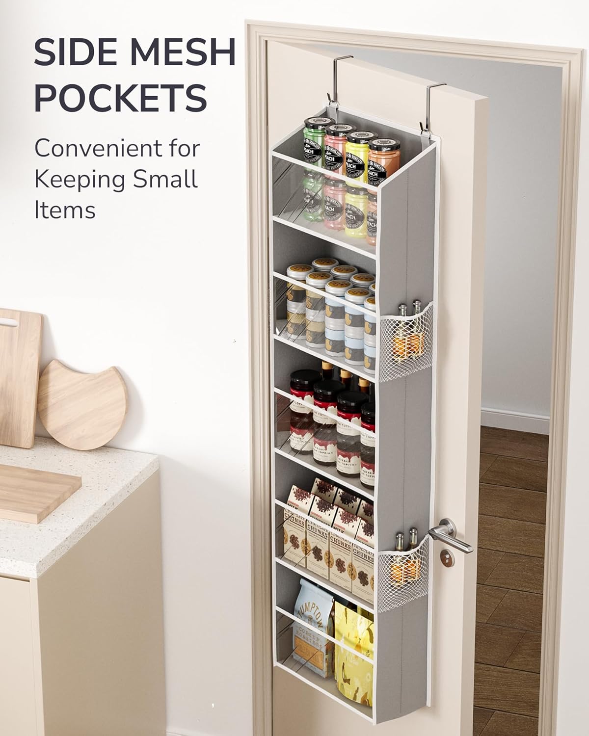 ULG Clear Over The Door Organizer 5-Tier Hanging Storage with 4 Side Pockets,Back of Door Organizer for Pantry, Bathroom, Nursery, Light Grey