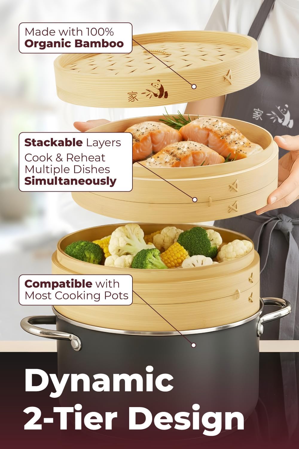 Prime Home Direct Bamboo Steamer Basket 10-Inch | 2-Tier Steamer for Cooking | 50 Liners, Chopsticks, Sauce Dish | Steaming Asian Food, Bao Buns, Chinese, Dim Sum, Dumpling, Rice, Vegetable Steam Pot