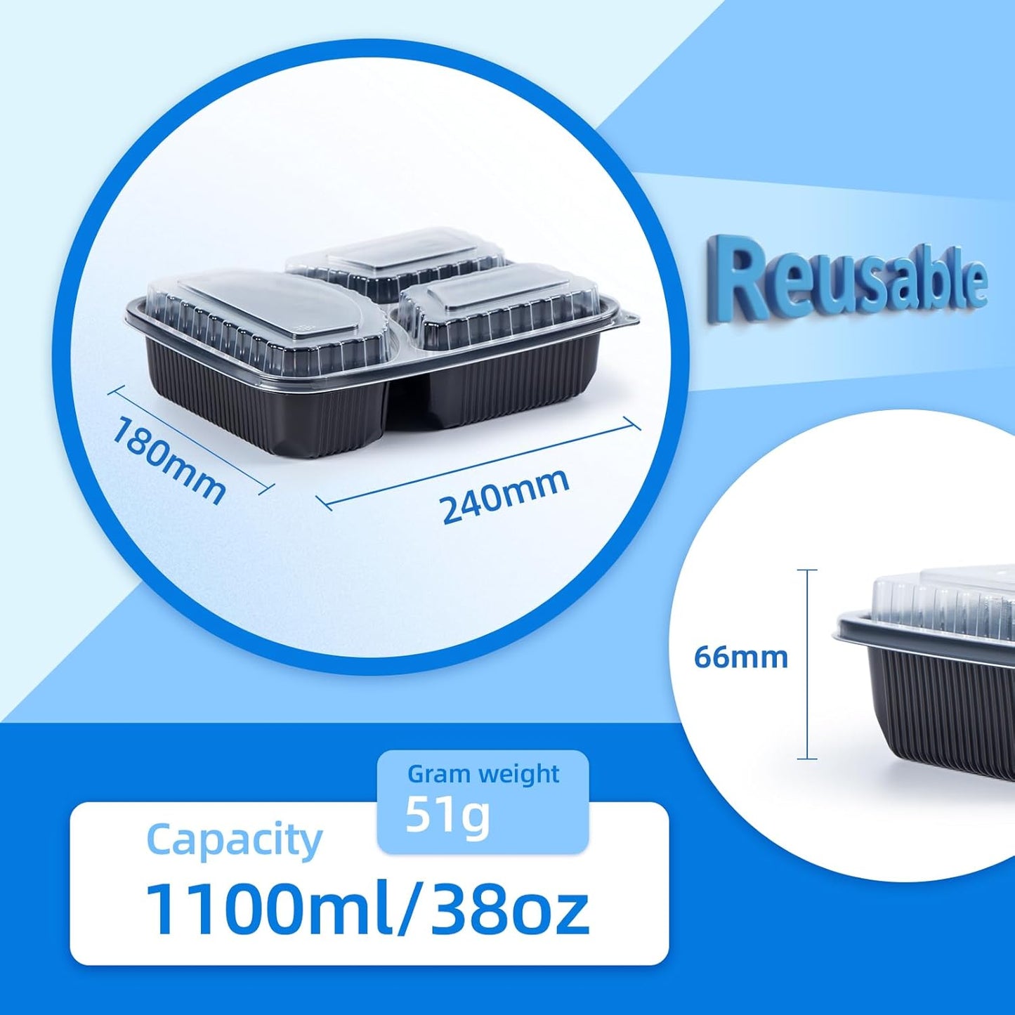 YANGRUI Food Containers Shrink Wrap 40 Pack 38 oz - Leak Proof BPA Free Reusable Flexible Pure PP Plastic Container | Microwave & Dishwasher Safe Meal Prep | Restaurant Grade 3 Compartment Lunch Boxes