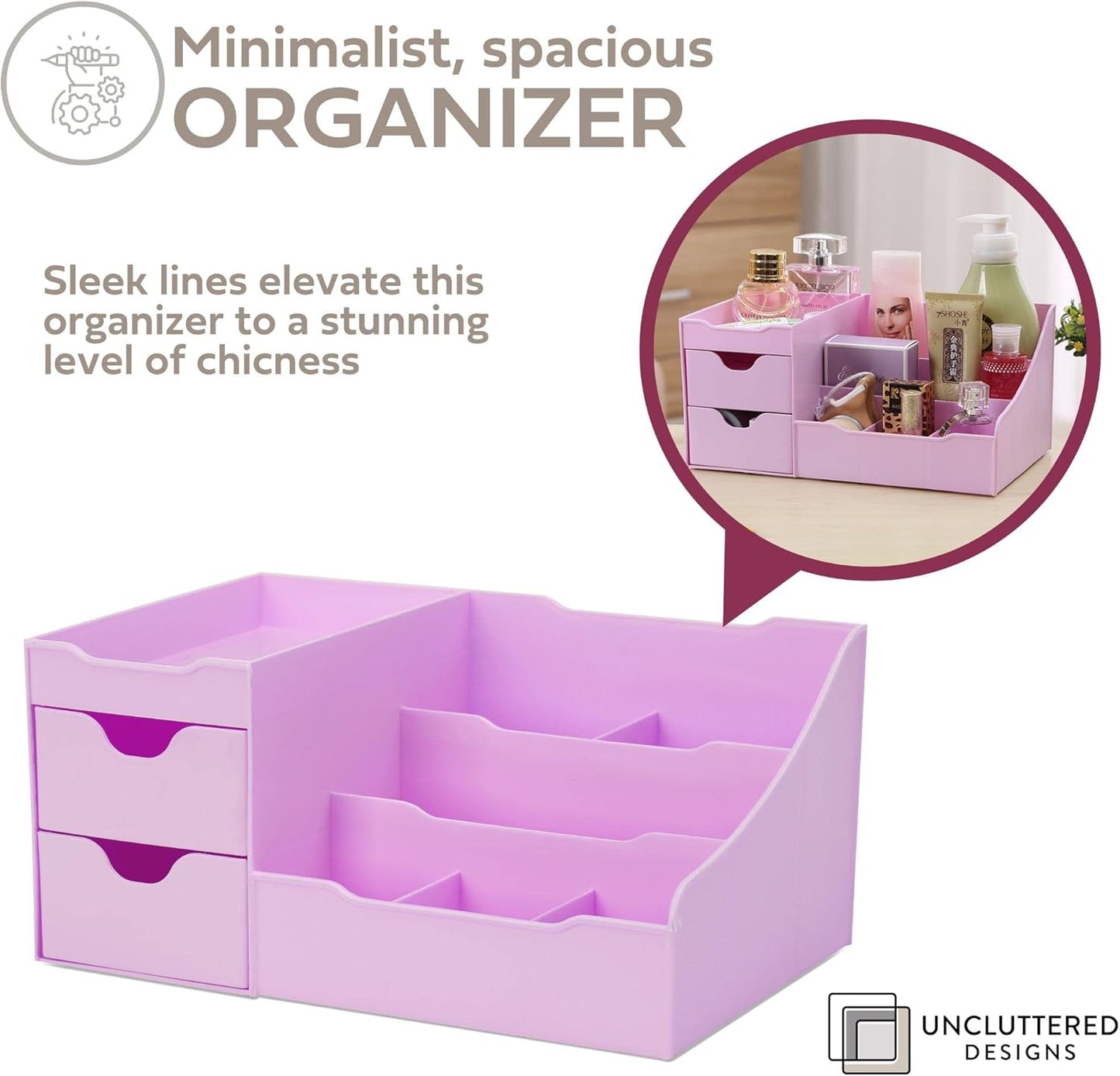Uncluttered Designs Makeup Organizer With Drawers - Modern Countertop Storage for Cosmetics - Chic Vanity Holder for Perfume, Skincare, Brush, Lipstick, Nail Polish Organization & Display (Purple)