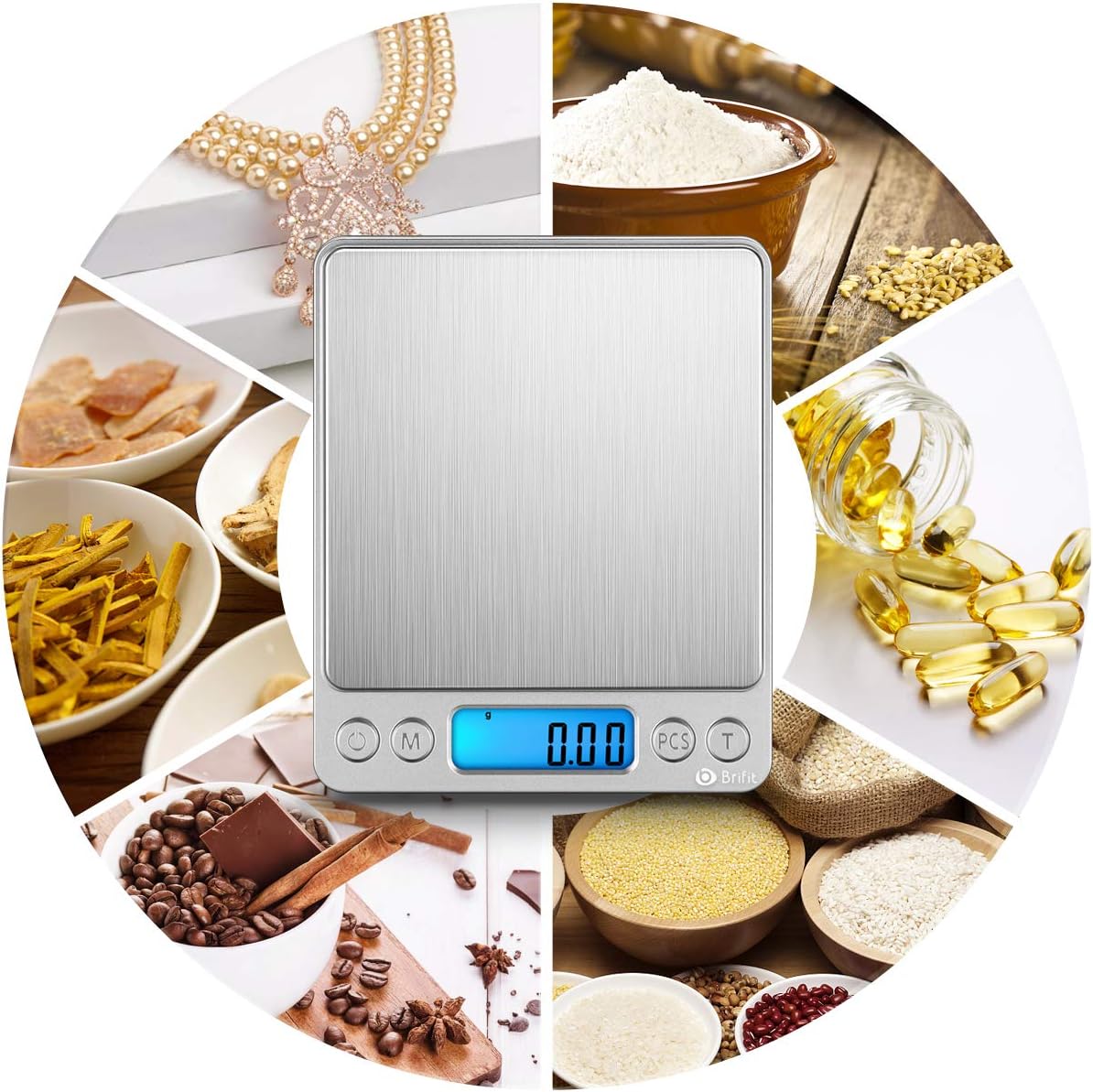 (New) AMIR Digital Kitchen Scale, 500g/ 0.01g Mini Pocket Jewelry Scale, 100g Calibration Weight, Cooking Food Scale, Back-Lit LCD Display, 2 Trays, 6 Units, Auto Off, Tare, PCS, Stainless Steel