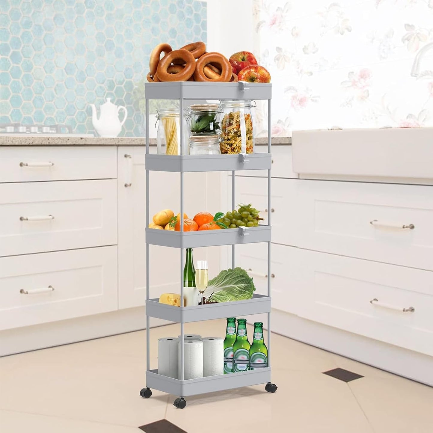 SPACEKEEPER 5-Tier Rolling Cart, Bathroom Storage Organizer Utility Cart, Mobile Shelving Unit Slide Out Shelves for Kitchen Living Room Laundry Room & Dressers,Gray