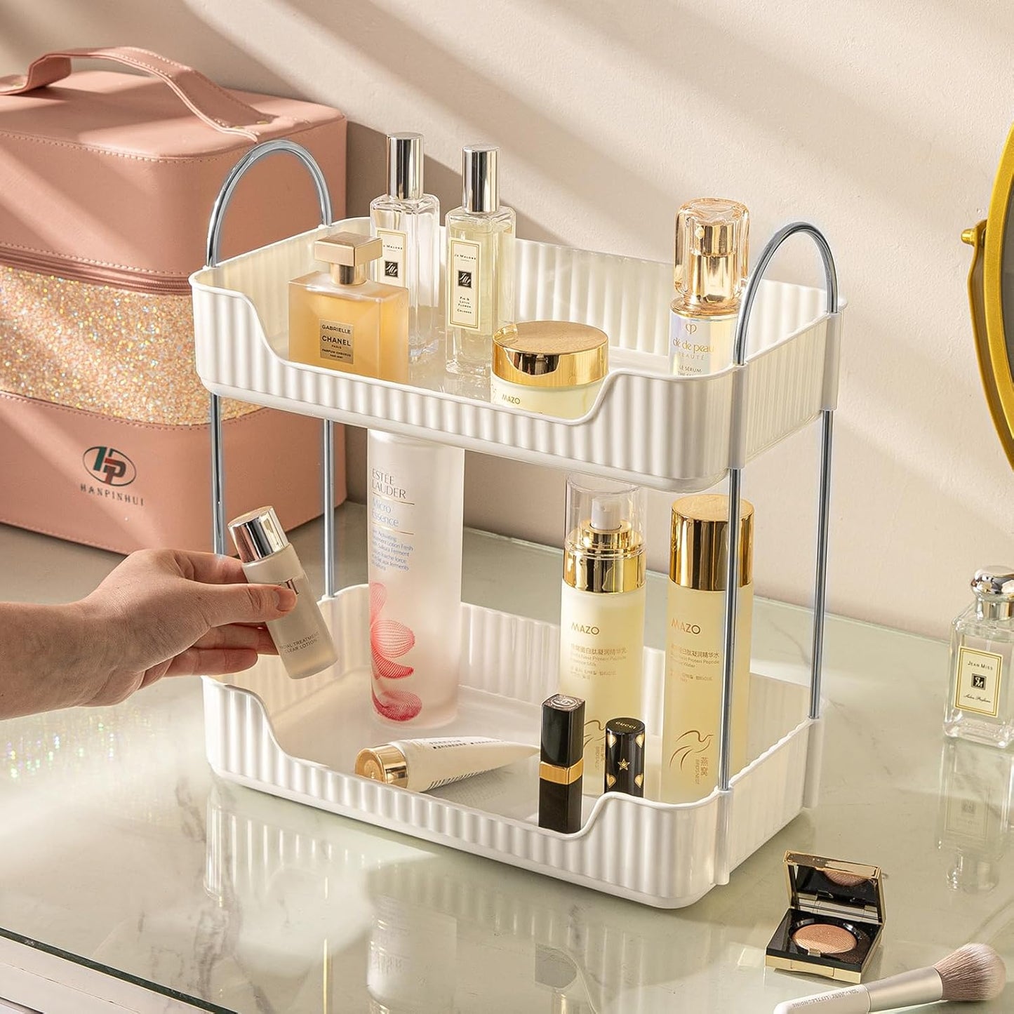 Bathroom Counter Organizer Countertop Storage, Cosmetics Skincare Shelf Organizer, Makeup Organizer Perfume for Dresser Vanity Tray, Spice Rack Organizer for Kitchen(2 Tier-Cream white)