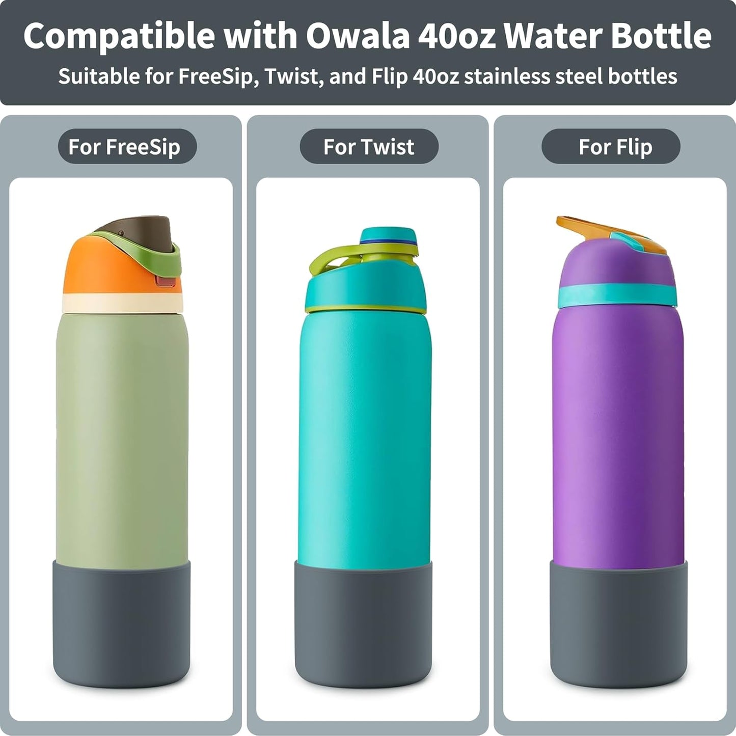 Silicone Boot for Owala 40 oz Water Bottles, Anti-Slip Protective Sleeve for Twist & FreeSip & Flip Insulated Bottles, Boot Bottom Base (Grey)