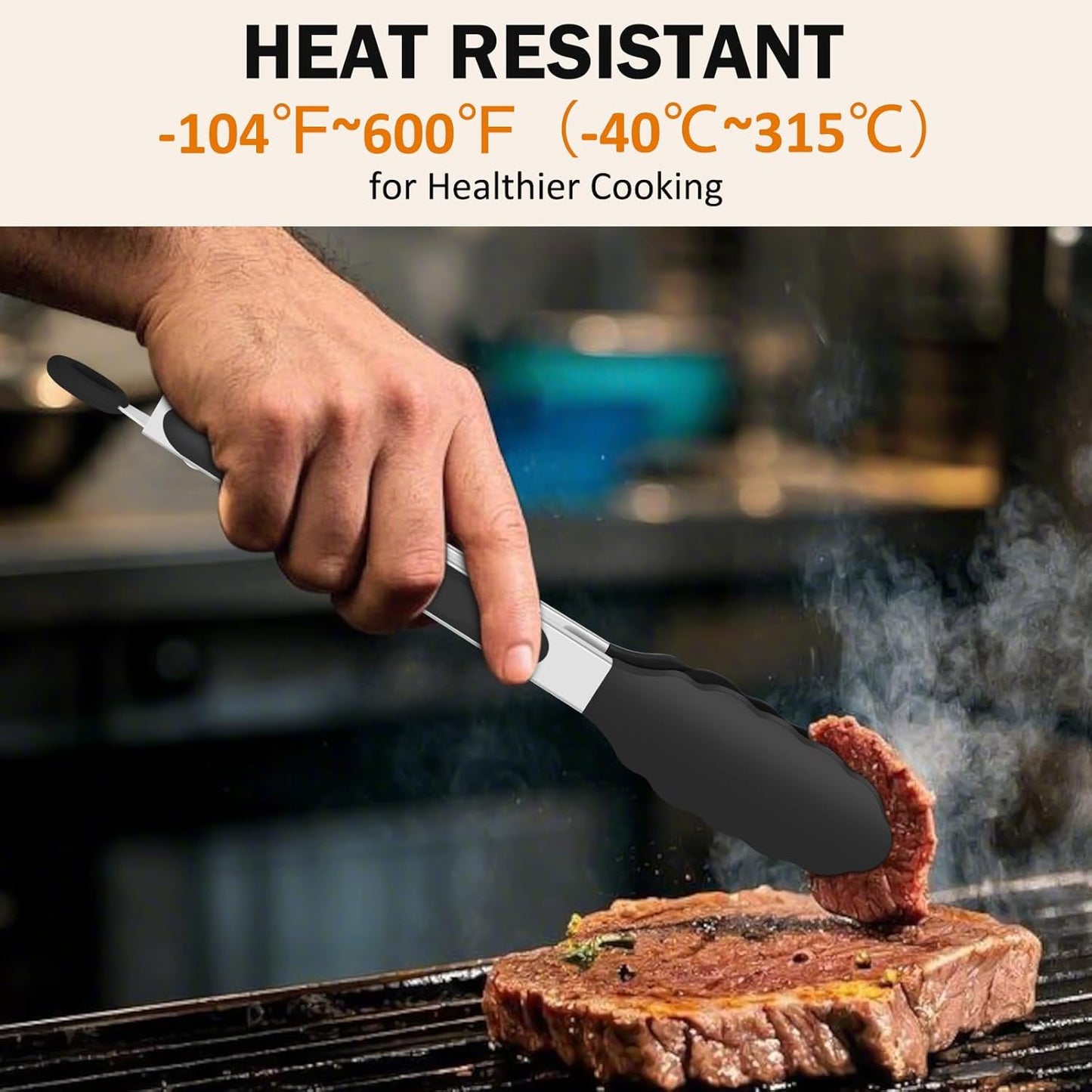 Kitchen Tongs, Set of 3 Stainless Steel Tongs with Silicone Tips Locking Cooking Tongs 600ºF Heat Resistant Tong for Cooking BBQ Grilling Air Fryer Serving Food Salads, 7"+9"+12" Black