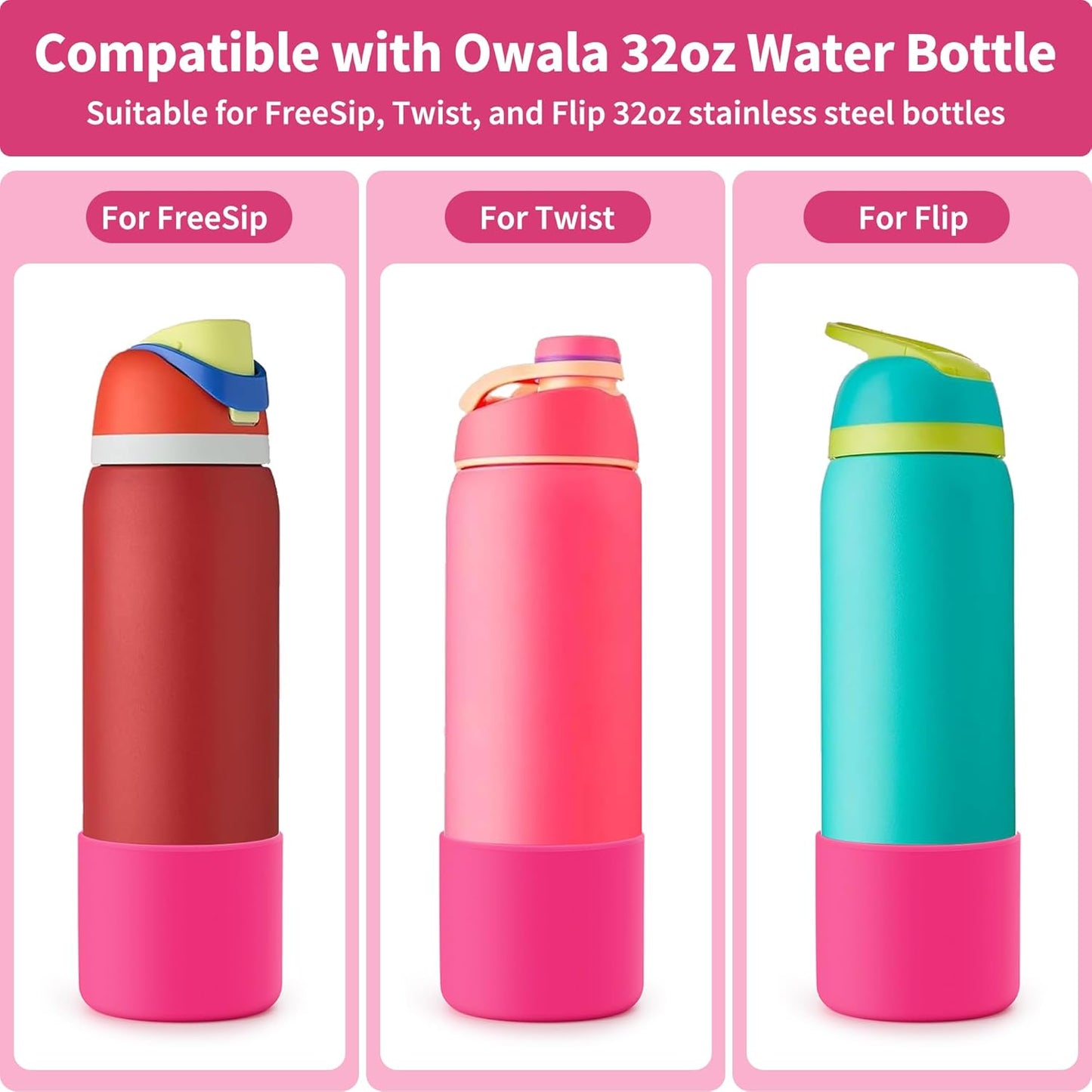 Silicone Water Bottle Boot for Owala 32oz, Anti-Slip Protective Sleeve for Owala Twist & FreeSip & Flip Stainless Steel Water Bottle, Boot Bottom Base for Owala (Rose Red)