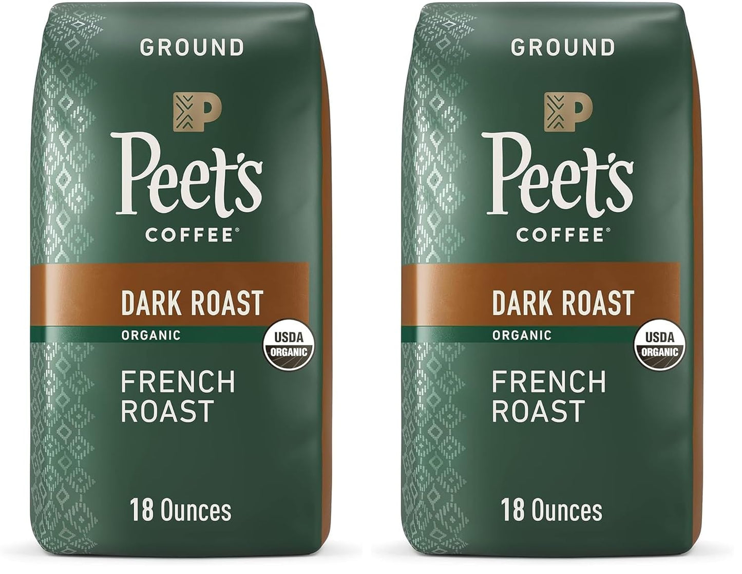 Peet's Coffee Dark Roast Ground Coffee | USDA Organic | French Roast | 36 Ounces | 2 Bags