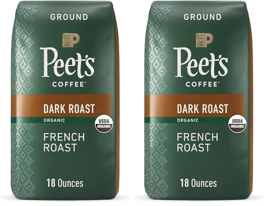 Peet's Coffee Dark Roast Ground Coffee | USDA Organic | French Roast | 36 Ounces | 2 Bags